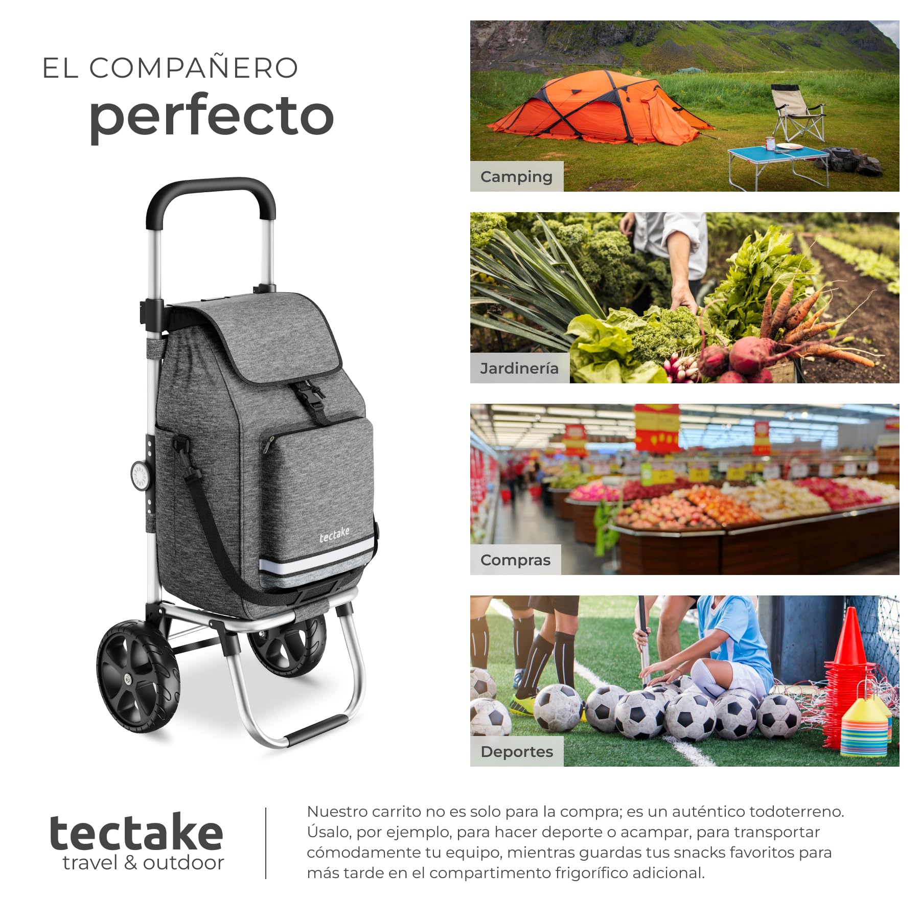 tectake® Carro de la Compra Plegable 3 en 1, Trolley, 56 L, Carrito Compra, Estructura de Aluminio, Bolsa Termica, Supermercado, Carro Plegable con Ruedas Silenciosas - Gris
