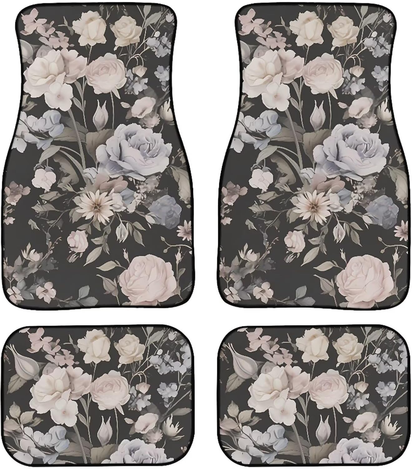 Blue Retro Floral Print Car Carpet Floor Mat Cartoon Abstract Flower Rubber Heel Pad 4PC for Cars Trucks SUV Protection - Driver Seat, Passenger Seat and Rear Floor Mats
