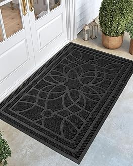 DEXI Front Door Mat Outside Entrance, Heavy Duty Non Slip Low Profile Doormat for Entryway, Trap Dirt and Moisture Welcome Mats, Easy Clean, Patio, Garage, 5x3, Black