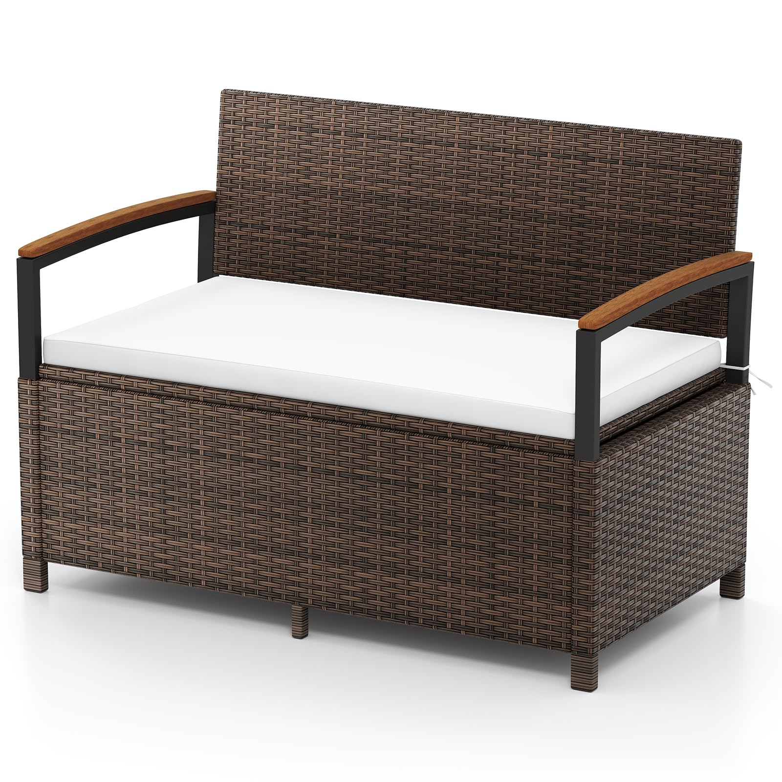 RELAX4LIFE 2-in-1 Patio Storage Bench, 175L Capacity PE Rattan Garden Bench Park Chair Seat with Padded Cushion & Protective Liner, 2-Seater Outdoor Wicker Loveseat Deck Storage Box
