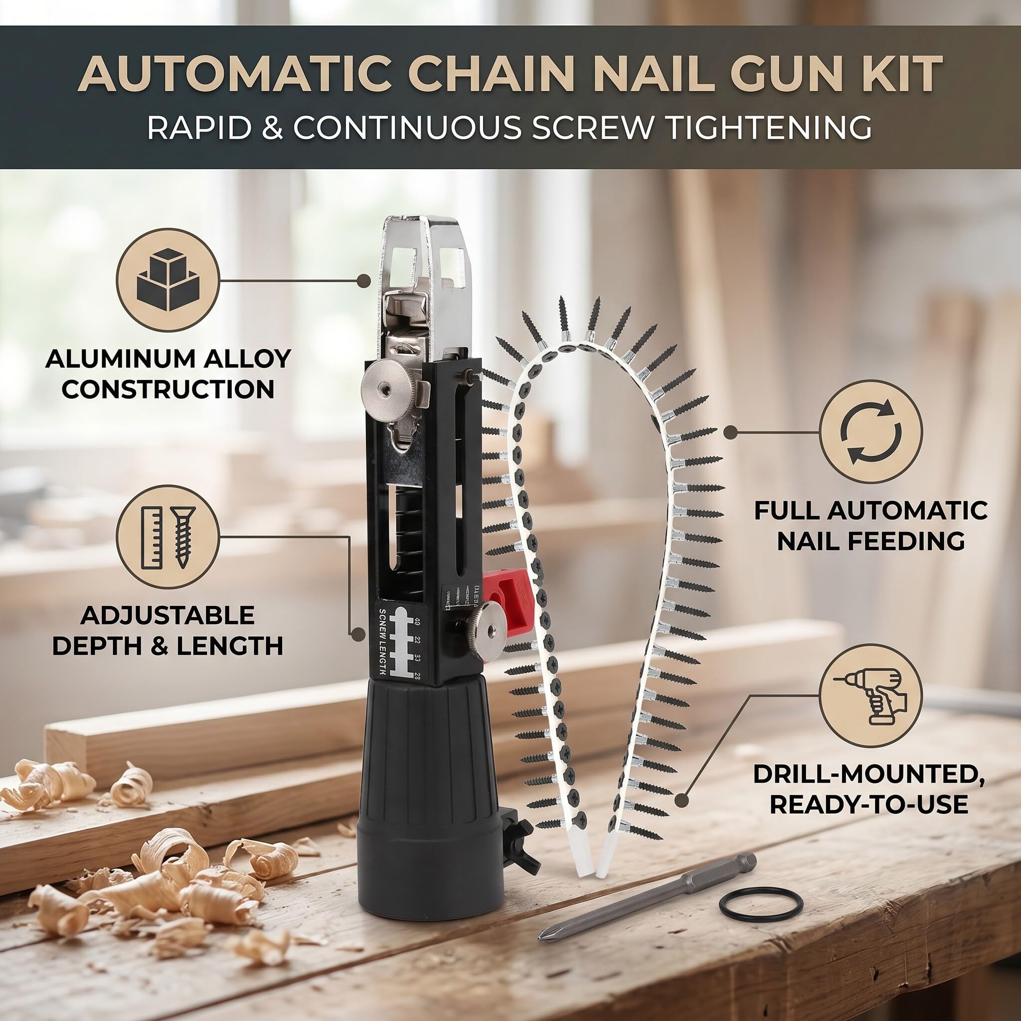 Adaptador de Pistola de Clavos de Cadena, Equipo de Ajuste de Tornillo de Taladro Eléctrico Automático, Kit de Pistola de Clavos de Cadena Automática Herramienta de Carpintería para Tablero de Yeso Te