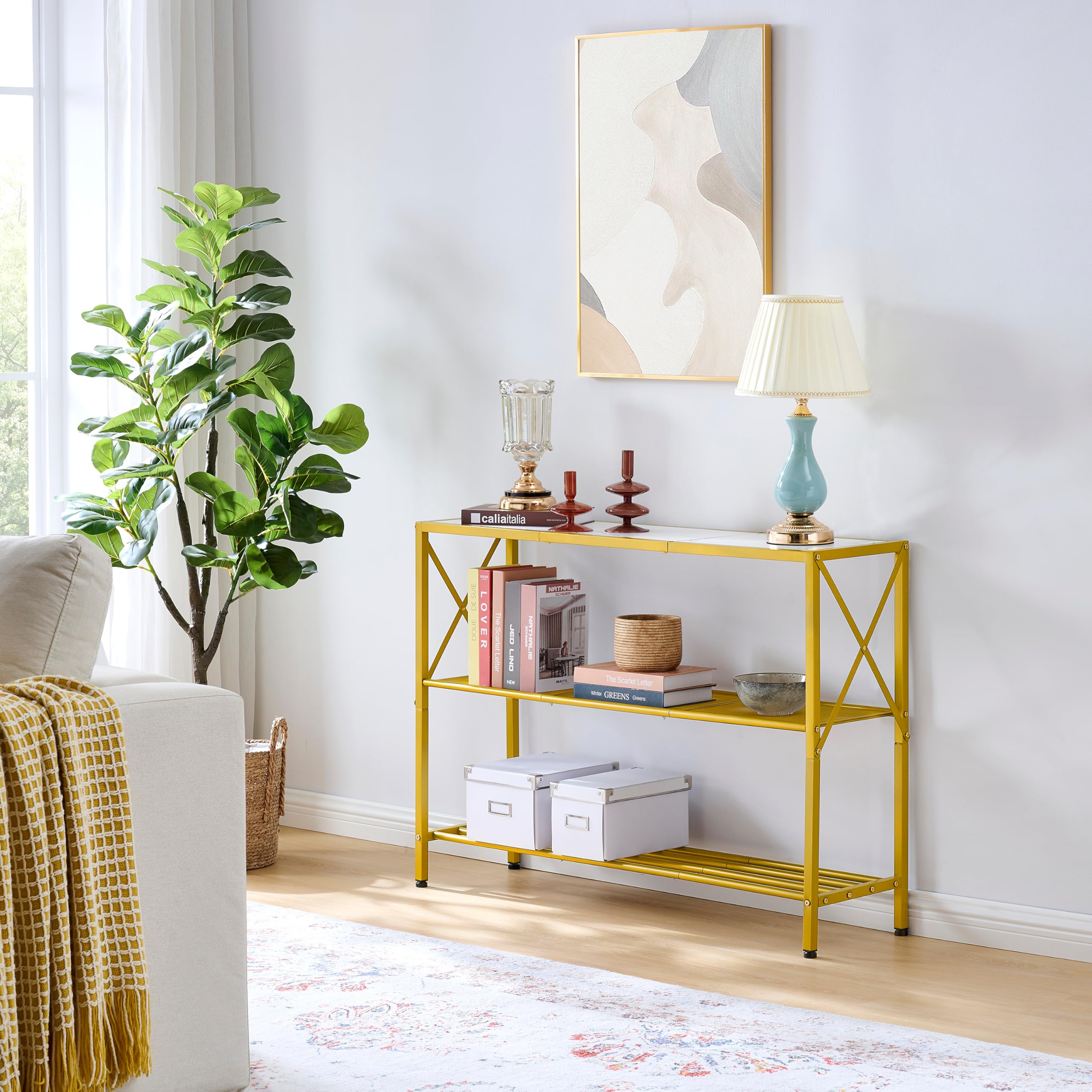 Hoctieon Industrial Console Table, 3 Tier Entryway Table, Hallway Table, Narrow Sofa Table with Shelves, Entrance Table for Entryway, Gold — image 1