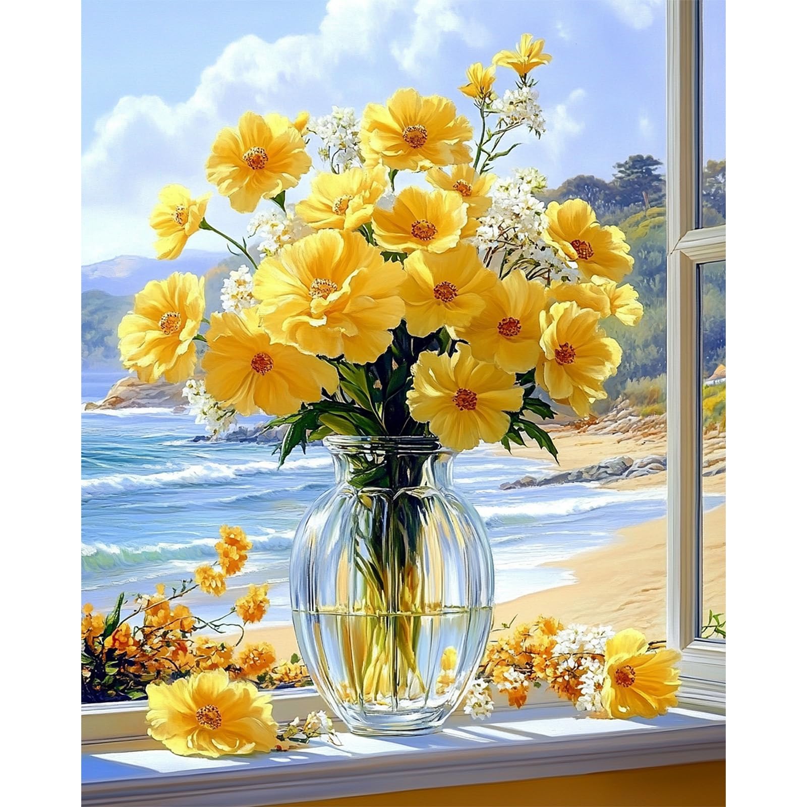 AIRDEA Yellow Flowers Paint by Numbers for Adults, Sea View Adult Paint by Numbers, Painting by Number Kits Canvas for Beginners for Gifts Home Wall Decor 16x20inch (No Frame)