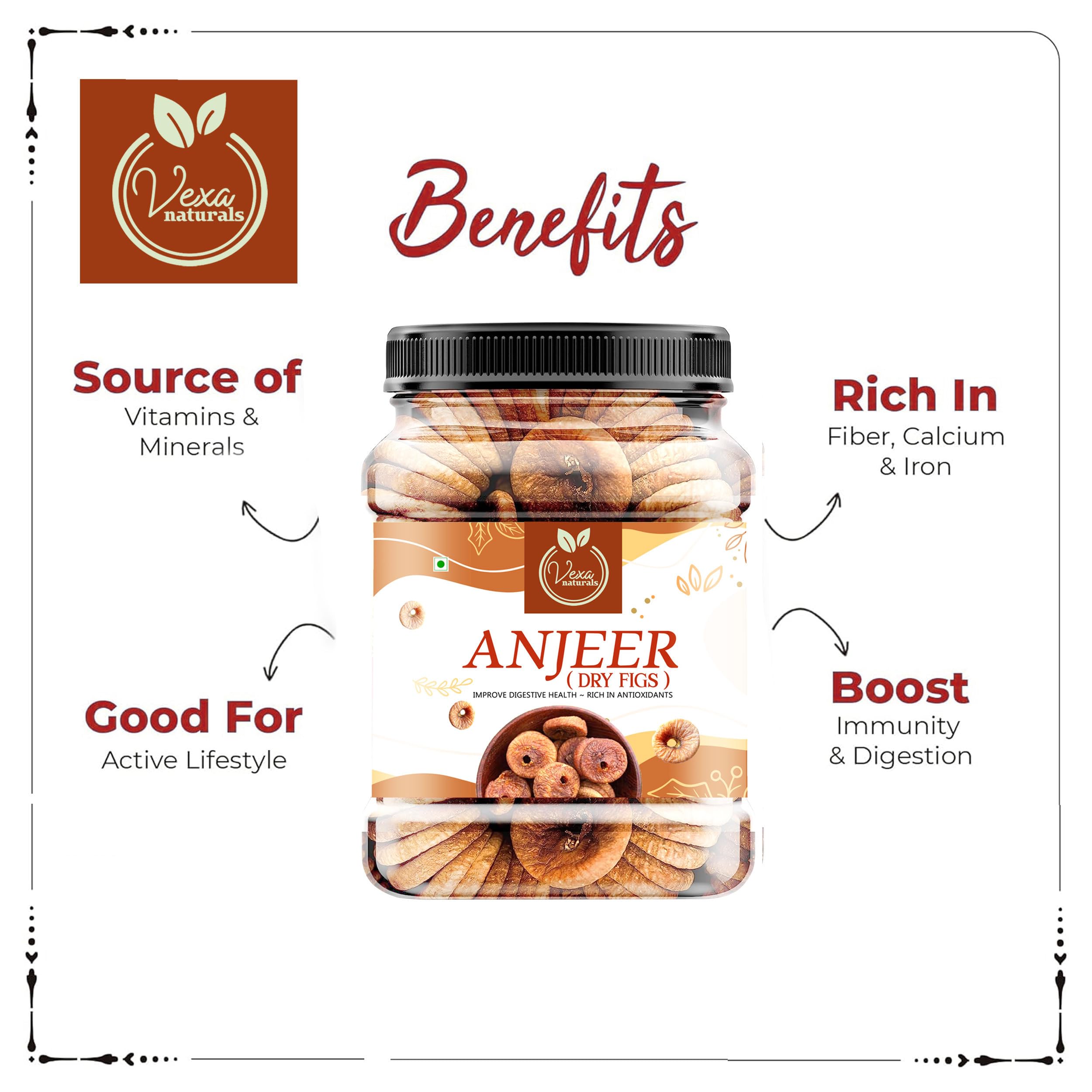 VEXA NATURALS Premium Dried Afghani Anjeer/Organic Dried Afgani Figs 500 gm | Sweet & Soft Anjeer Figs | Low in Fat | Rich Source Of Calcium, Iron, & Dietary Fiber - Image 4 thumbnail