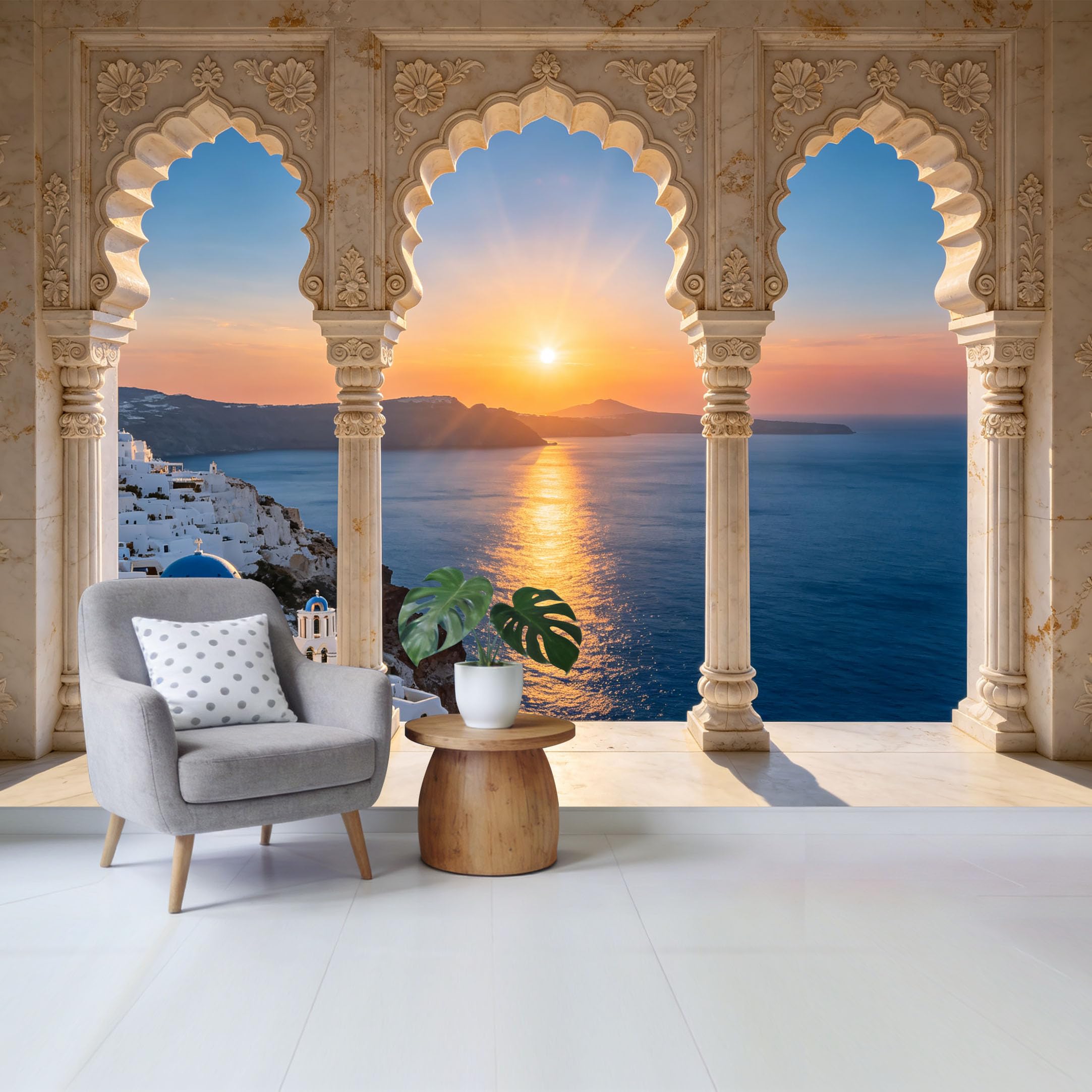 Custom Size Wall Mural Mediterranean Coastal Sunset View Through Marble Arch Ocean Landscape Removable Self Adhesive Fabric Home Wall Decor for Living Room Bedroom Bathroom