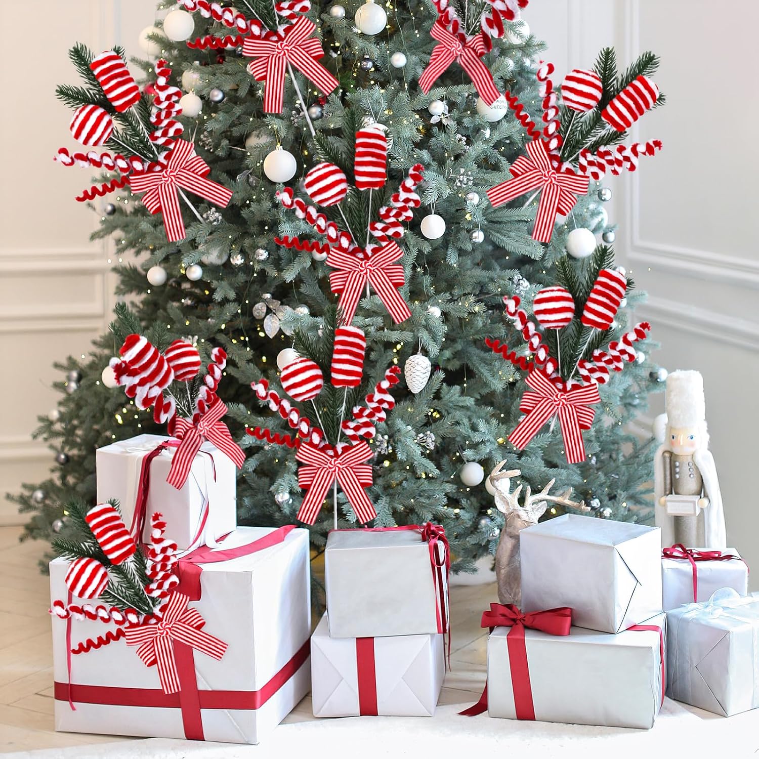 Peppermint Christmas Tree Picks Set of 4, Red and White Candy Cane Ornament Sprays with Bows and Greenery, Christmas Tree Topper Decorations, Peppermint Christmas Decor for Tree, Wreath and Garland