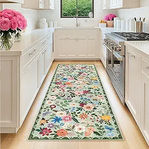 Runner Rug for Entryway: 2x6 Kitchen Rugs Non Slip Washable Ultra-Thin Soft Floral Carpet Indoor Floor Stain Resistant Carpets for Hallway Bedroom Kitchen Laundry Bathroom Dorm Green