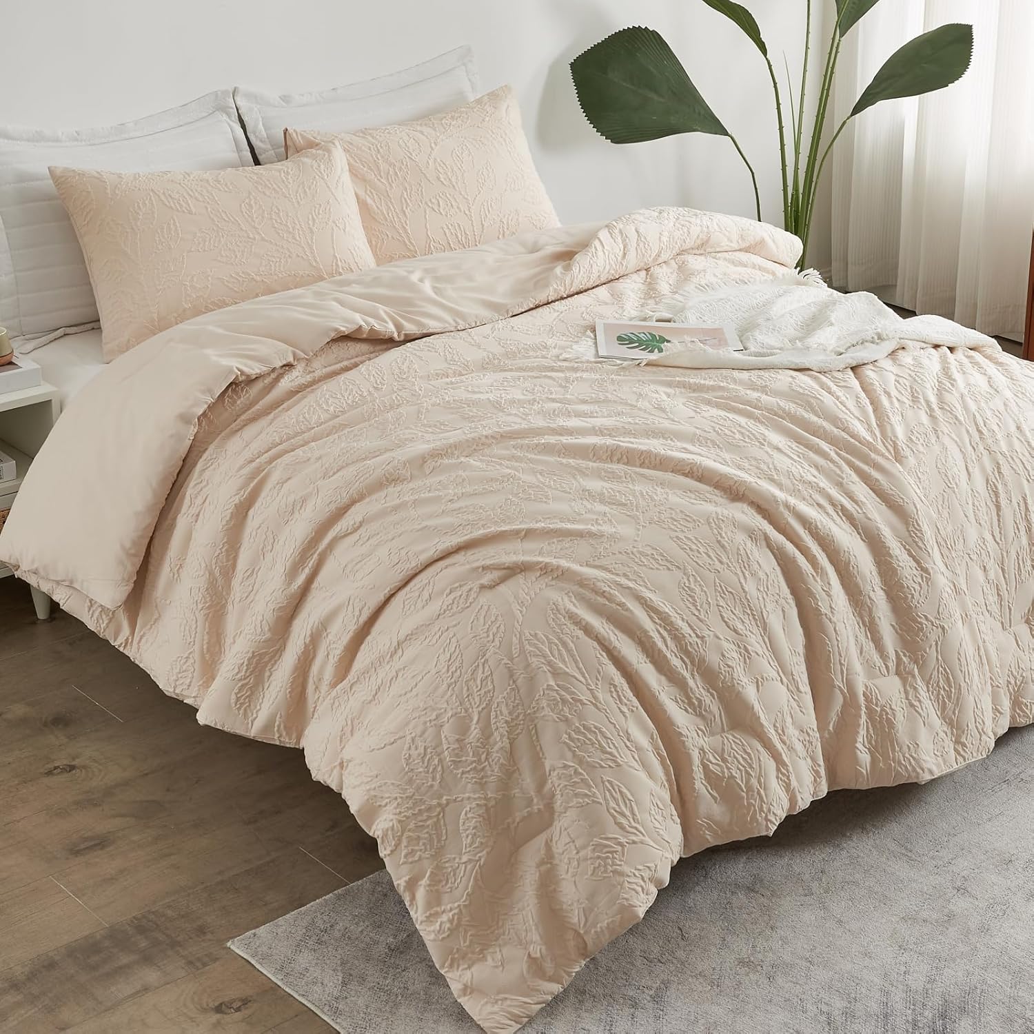 ENCOFT King Size Comforter Set, 3 Pieces Beige Comforter Set King, Embossed Leaf
