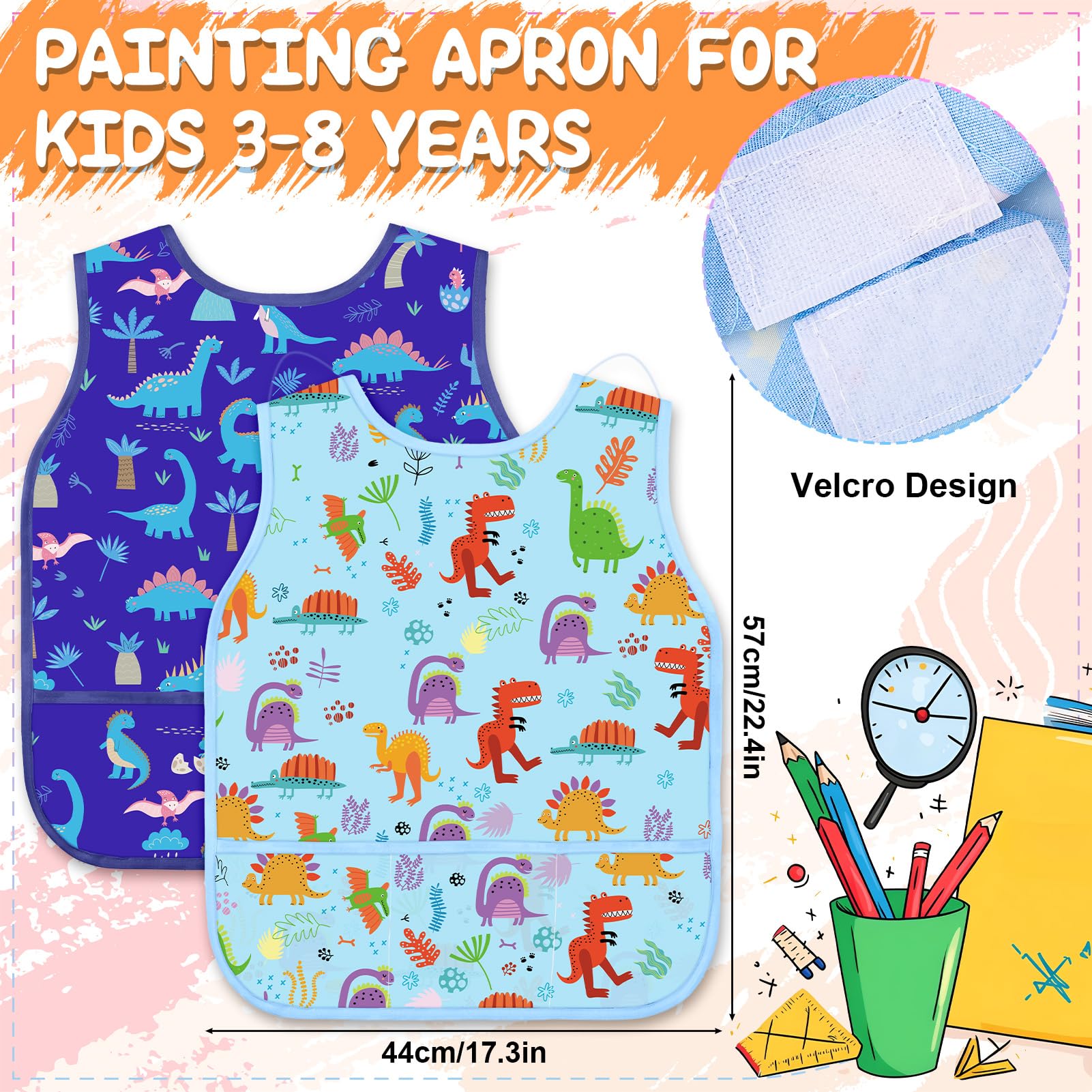 Partideal 2 Pcs Art Smocks for Kids Waterproof Artist Painting Aprons Toddler Sleeveless Children Painting Smock Kids Apron with 3 Pockets for Age 3-8 Years,Blue Dinosaurs - Image 2