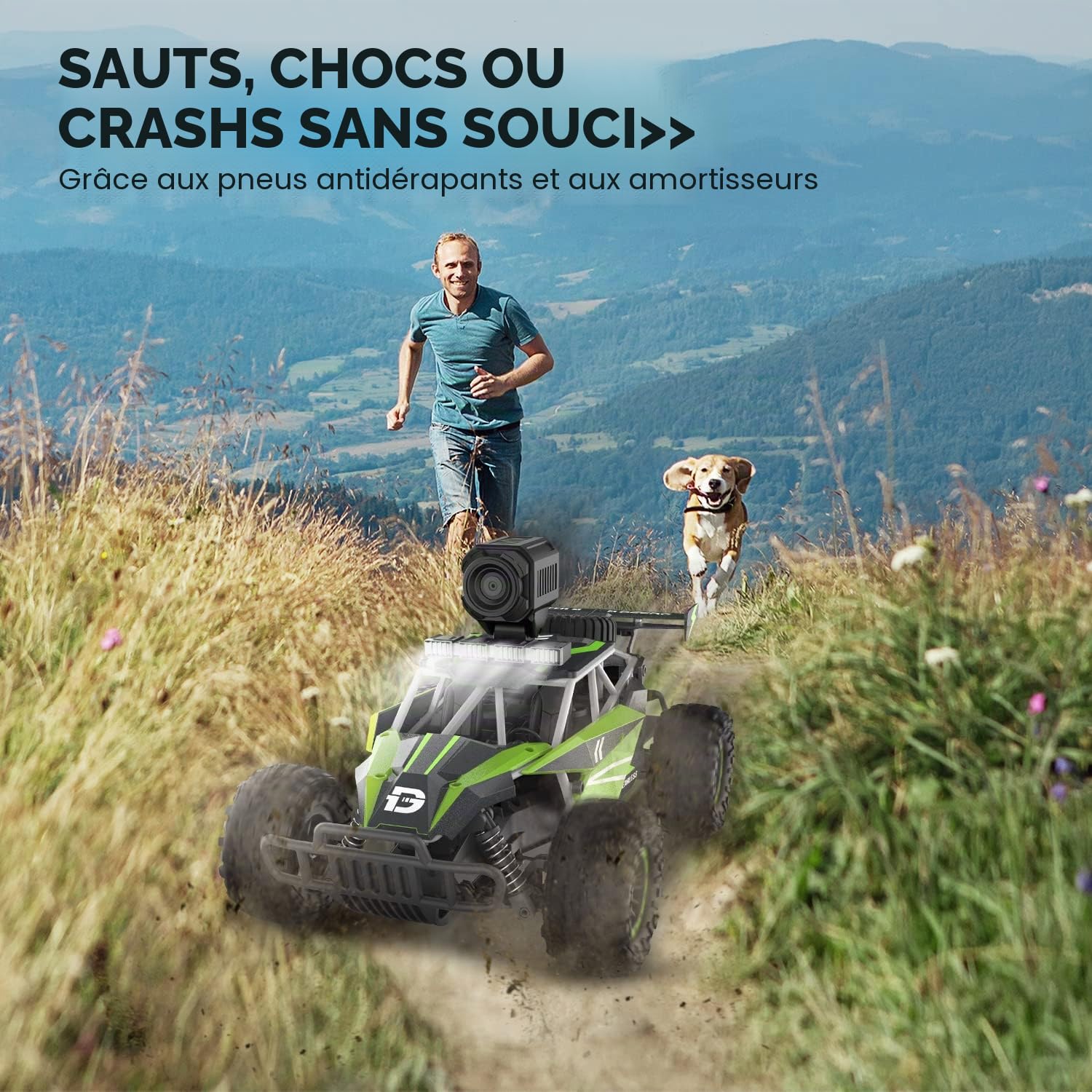 DEERC Voiture télécommandée avec caméra HD 1080P, Voitures RC à l'échelle 1:16 avec éclairage châssis et phares à LED, véhicule Jouet Monster Truck Haute Vitesse 2,4 GHz, Cadeau pour Enfants garçons