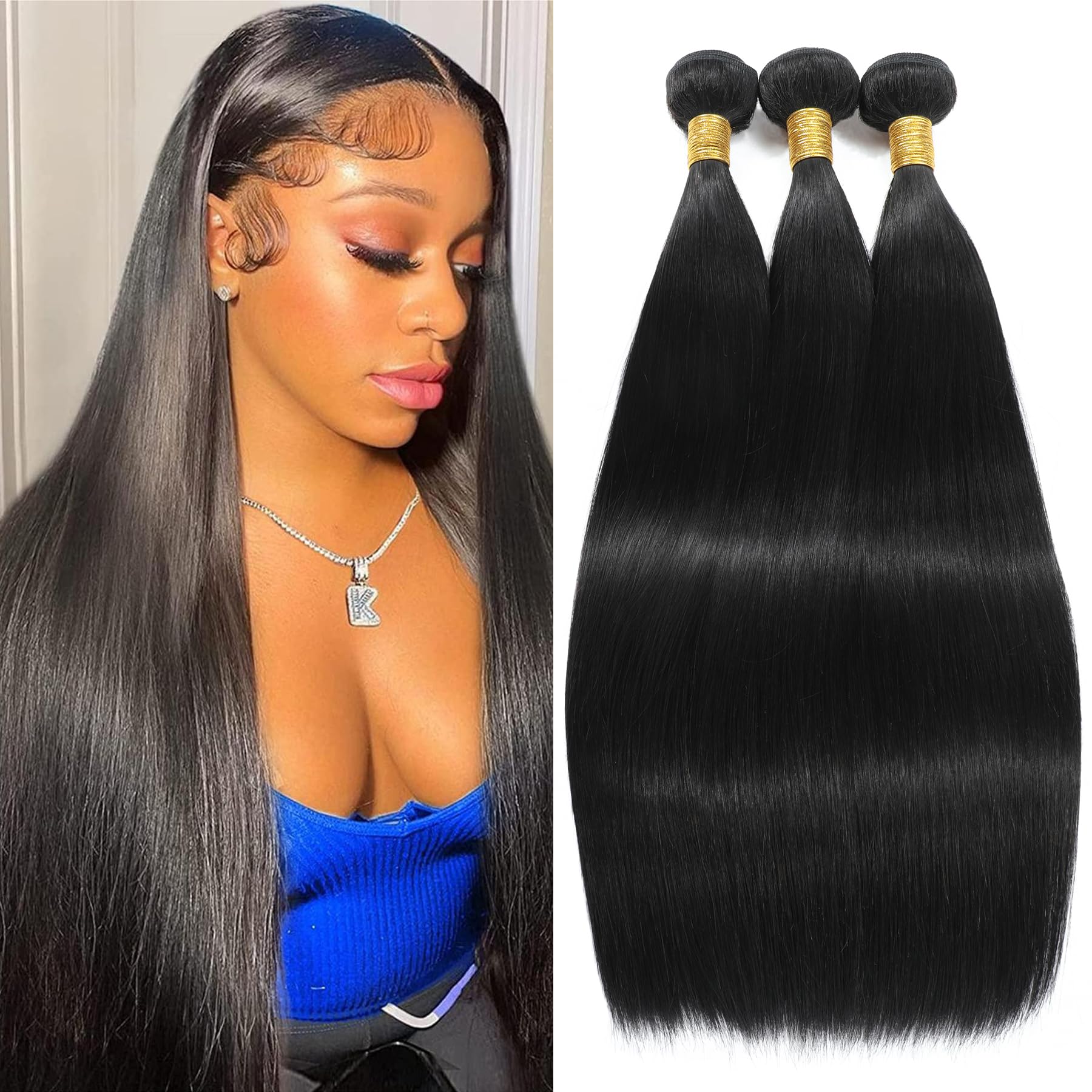 NROOEAY Brazilian Straight Bundles Human Hair 20 22 24 Inch Long 3 Bundles Deal 12A Unprocessed Virgin Human Hair Weave Natural Black Human Hair