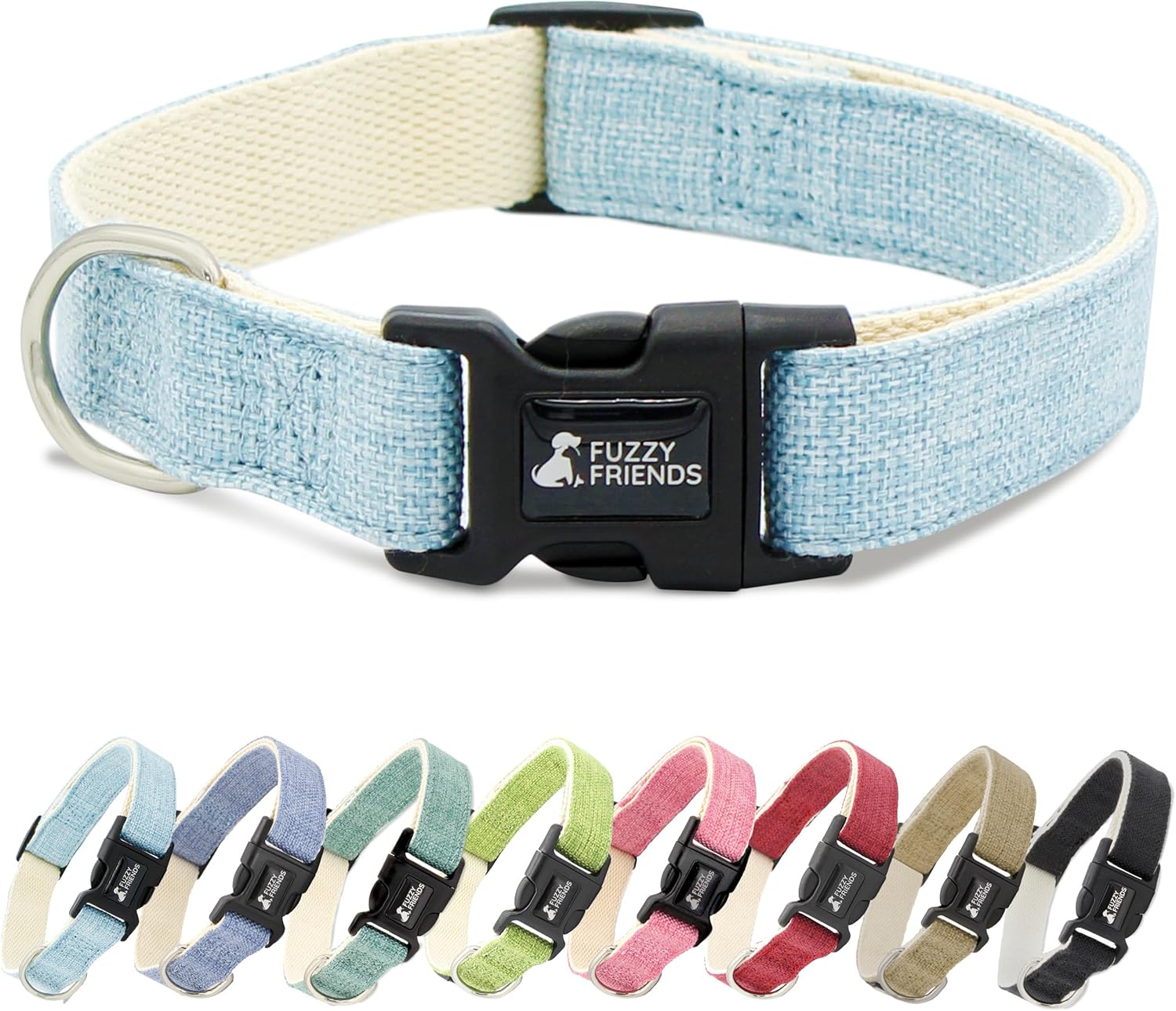Fuzzy Friends Light Blue Hemp Dog Collar Hypoallergenic