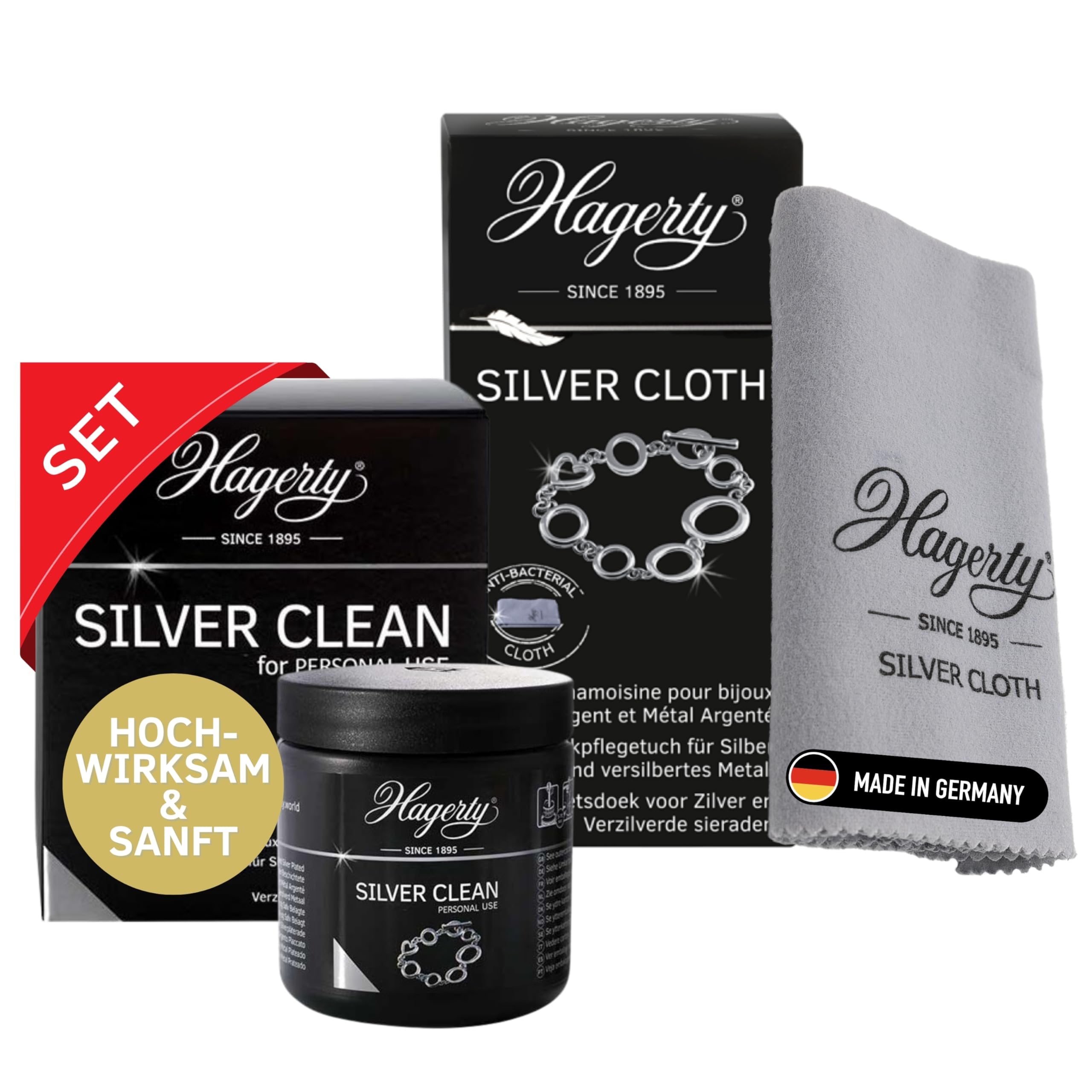 Hagerty Set Silver Clean Schmucktauchbad + Silver Cloth Schmuck Reinigungstuch für Silberschmuck und versilbertem Schmuck I Effektiver Schmuckreiniger und Poliertuch für erneuerten Glanz und Pflege | Für Silberschmuck und versilberten Schmuck, Effektiver