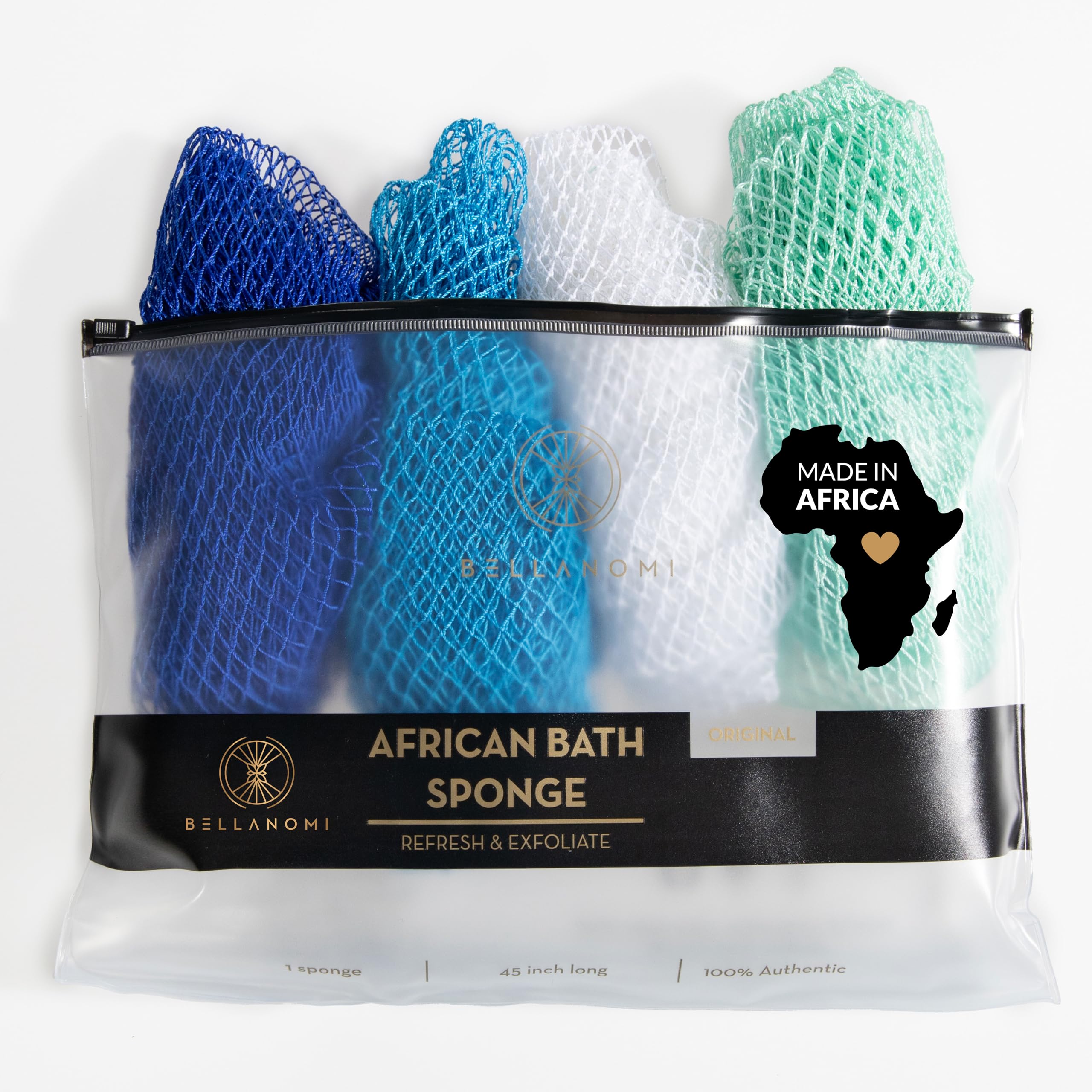 BELLANOMI 4 Piece African Exfoliating Net Sponge Long African Bath Sponge, Authentic Ethically Sourced from Nigeria, Great for Daily Use (Blue, White,