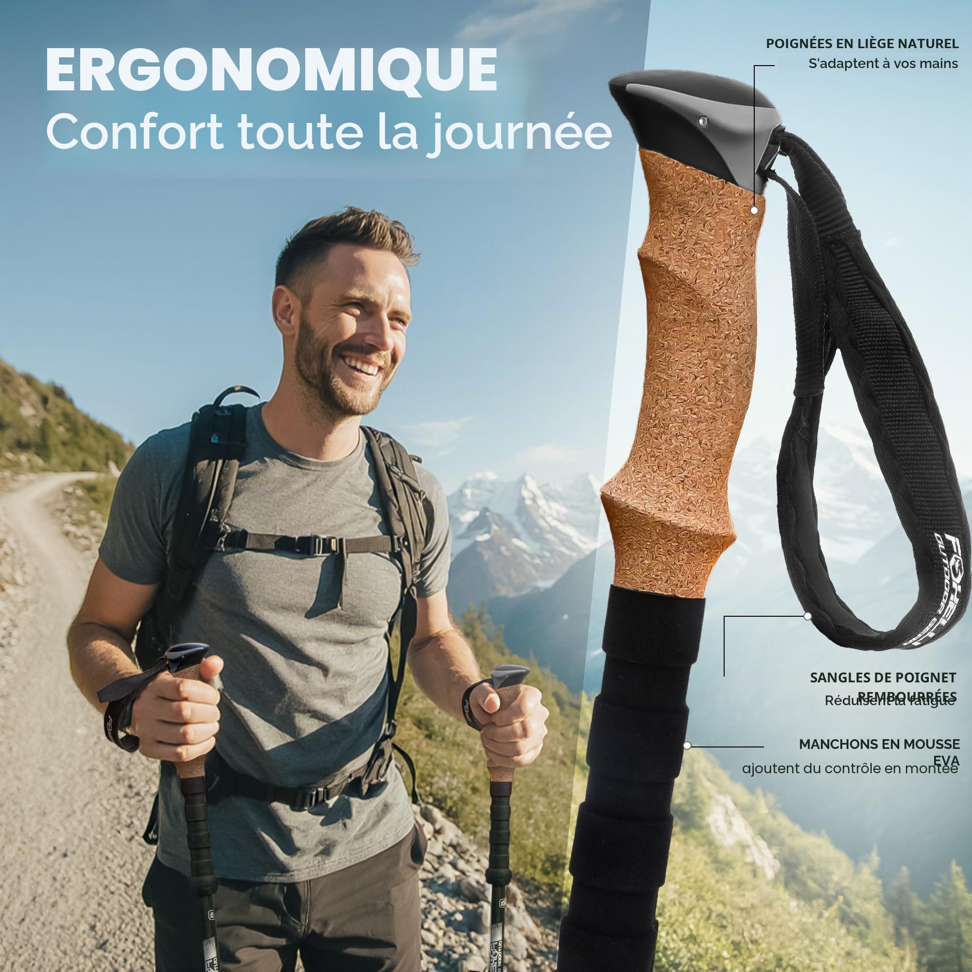 Foxelli Bâtons de randonnée en fibre de carbone, légers et pliables, absorbant les chocs avec poignées en liège naturel, verrous à rabat, accessoires 4 saisons/tout terrain et sac de transport