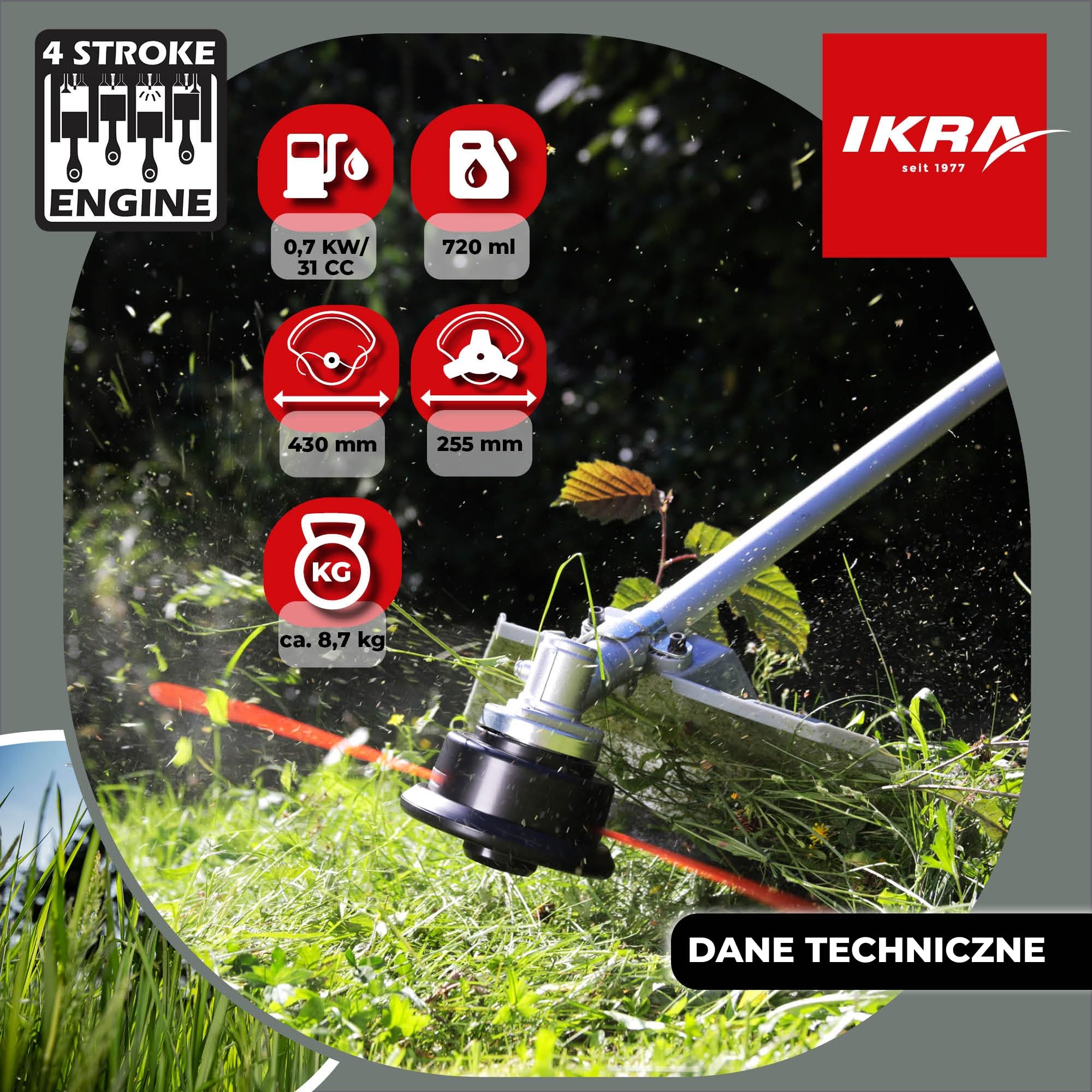 IKRA Podkaszarka spalinowa IBF 31-4 Żyłka, Tarcza, Szelki | 31 cm³ 0,7 kW silnik 4-suwowy z łatwym rozruchem,ochroną przed owijaniem trawy i beznarzędziową wymianą filtra powietrza