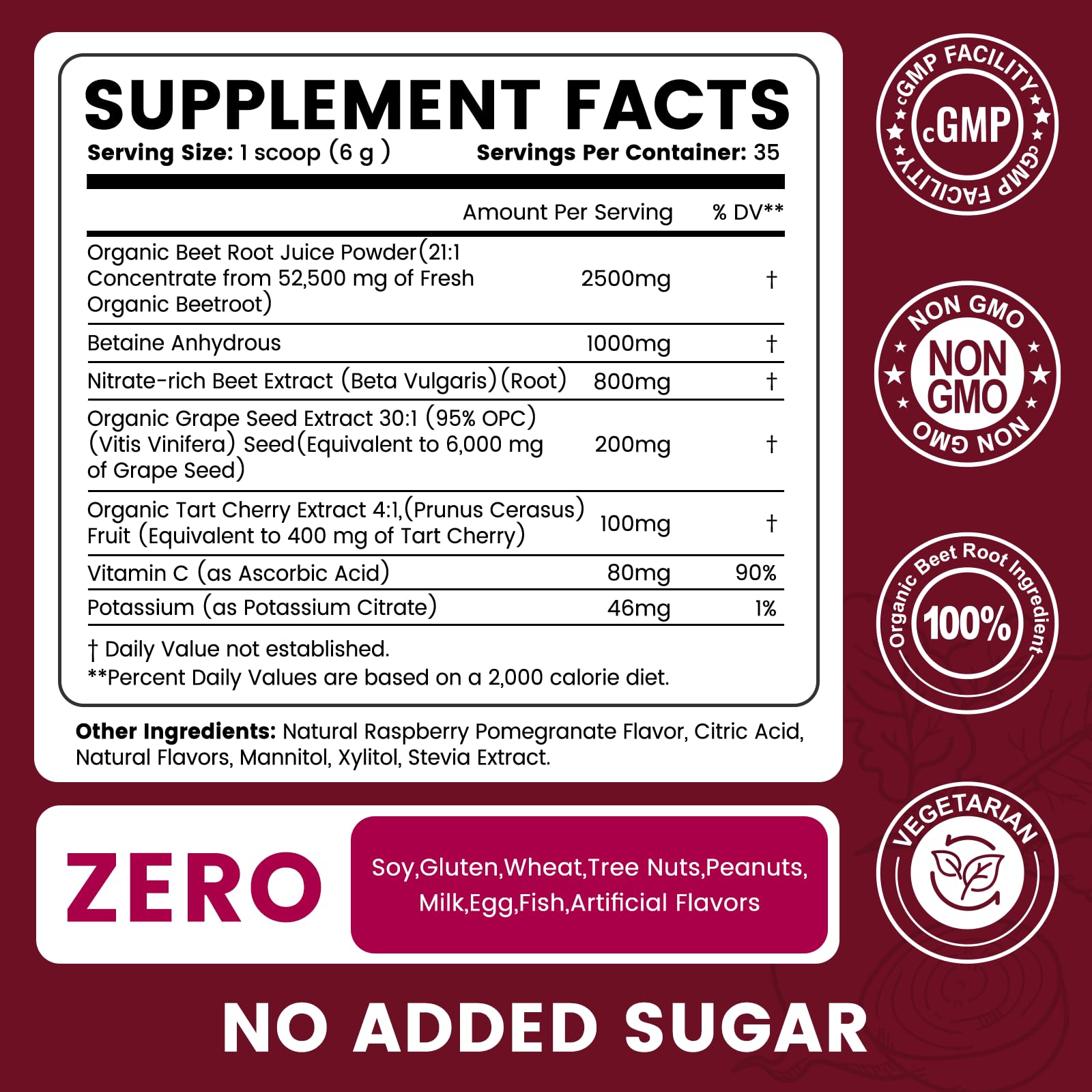 Organic Beet Root Powder Superfood, Natural Beets Supplement with Beetroot, Tart Cherry & Grape Seed Extract, Nitric Oxide Support for Energy, Endurance, Circulation & Heart Health* 35 Servings — Amazon image 2