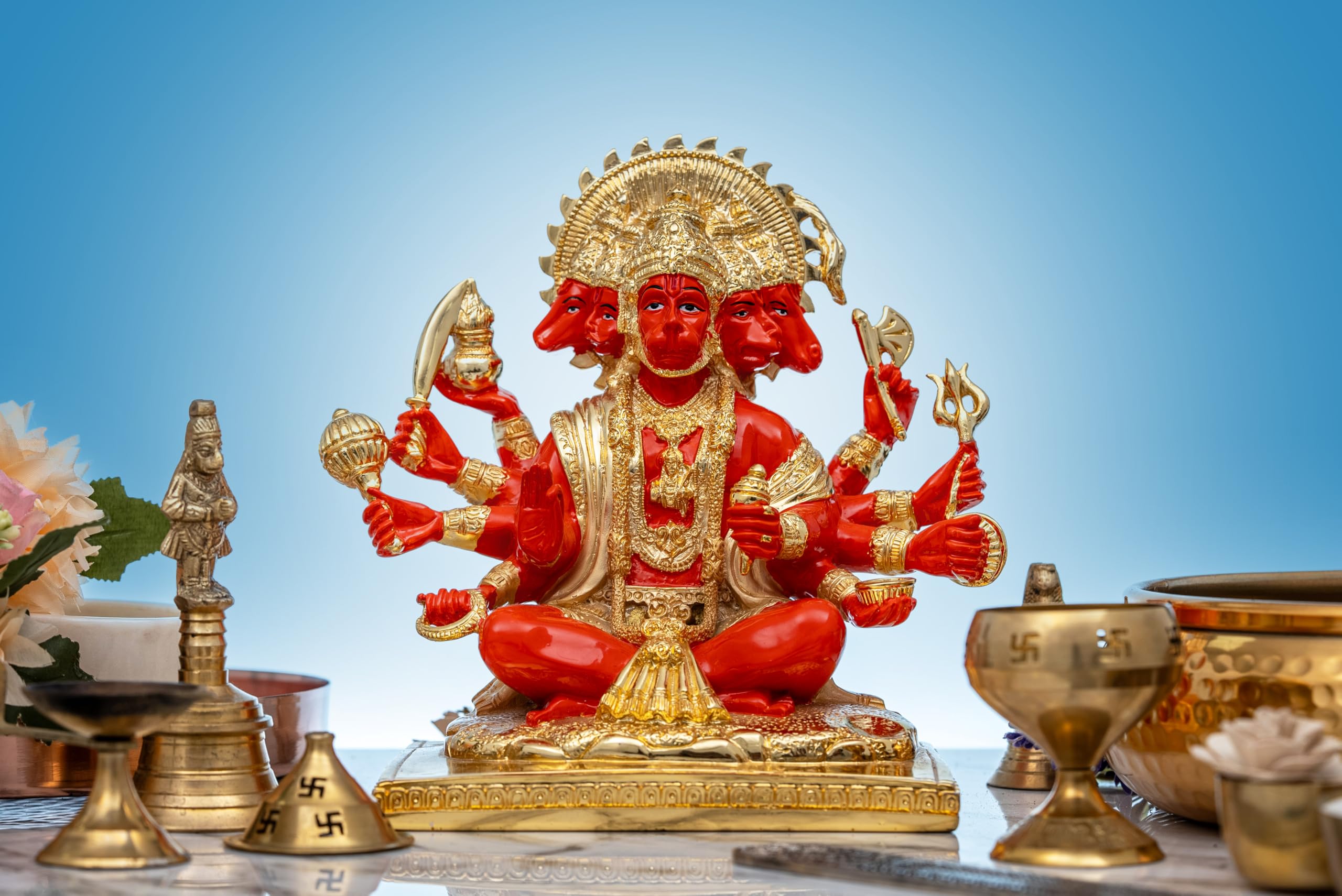Idolkart Gold Plated Panchmukhi Hanuman Idol 3 Inch Small - Statue for Door Entrance, Pure Gold Coating Murti, Tarnish Resistant