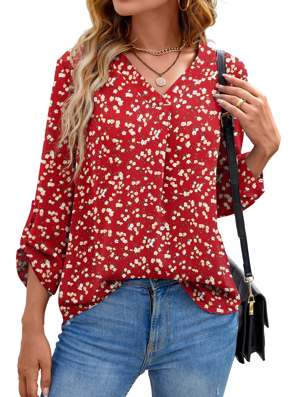 YommayBlouses for Womens V Neck Ladies Tops Summer Chiffon Blouses Tops Short Sleeve Casual T Shirts