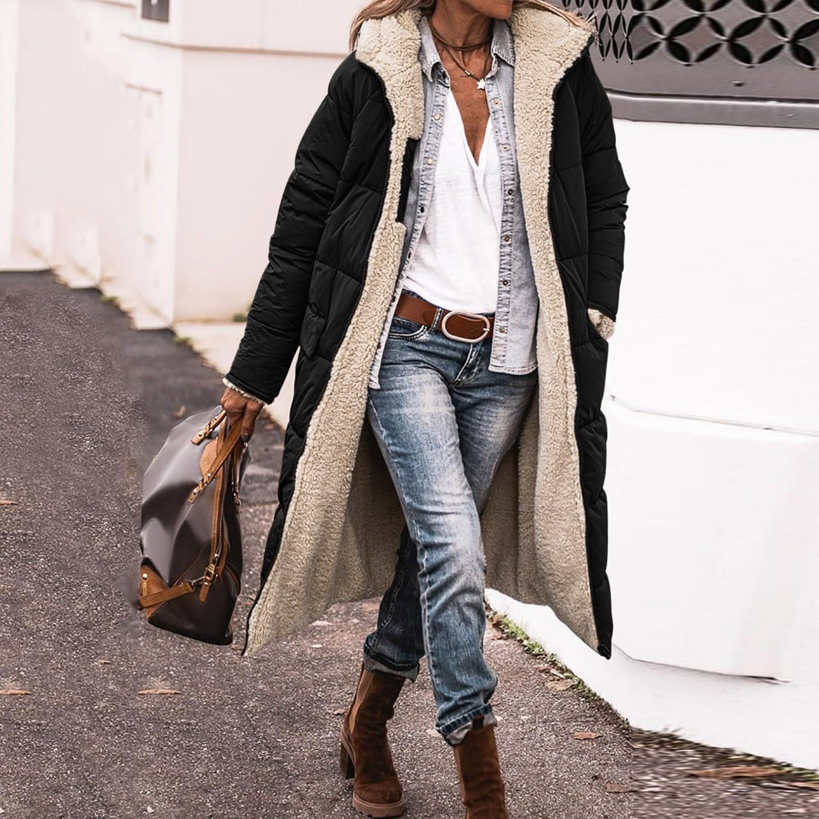 Genérico Abrigo Largo Reversible de Invierno para Mujer Chaqueta Informal con Cremallera y Bolsillos Capucha Forro Polar