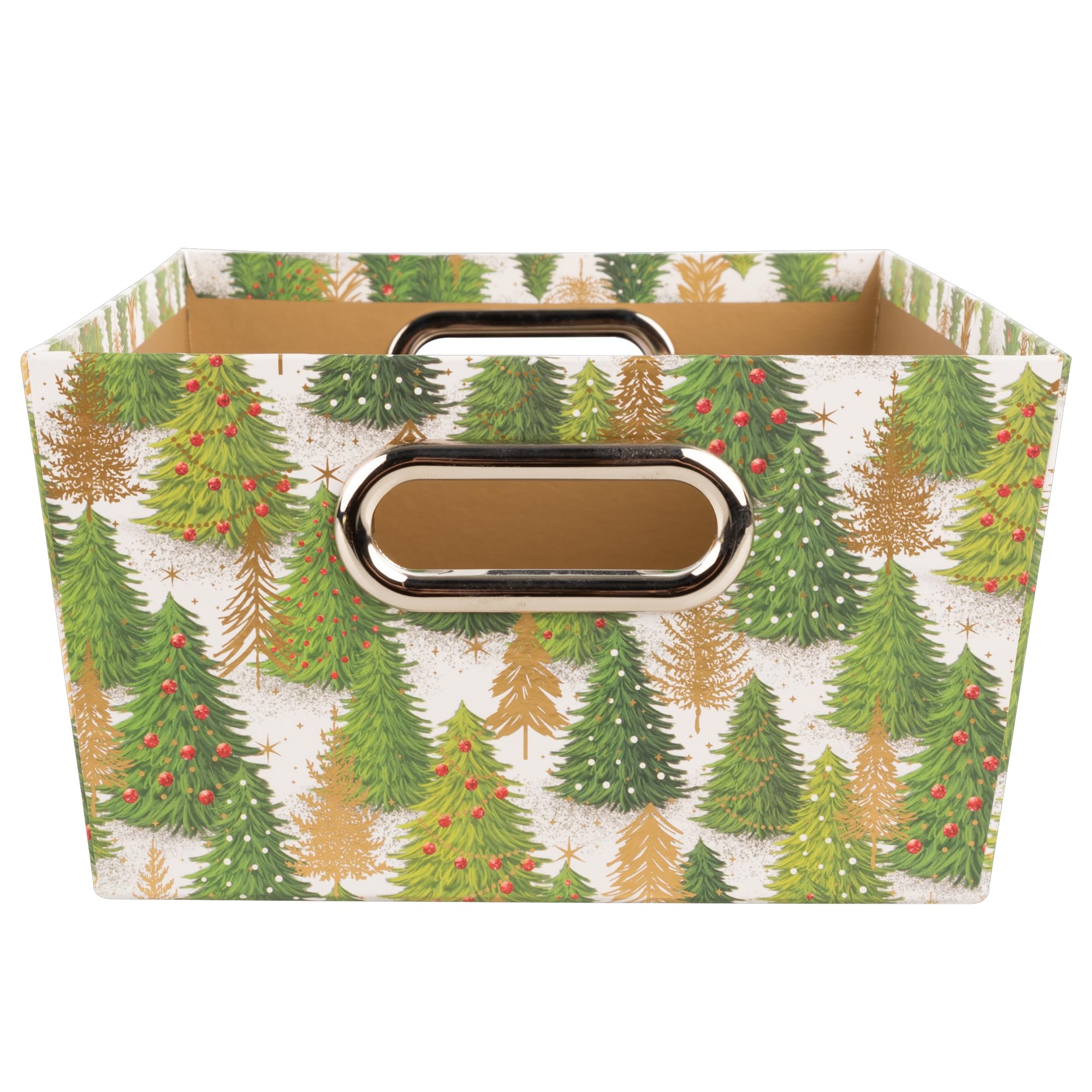 Idena Caja de almacenamiento de cartón resistente 33 x 22,9 x 12,7 cm con asas metálicas motivo árbol de Navidad