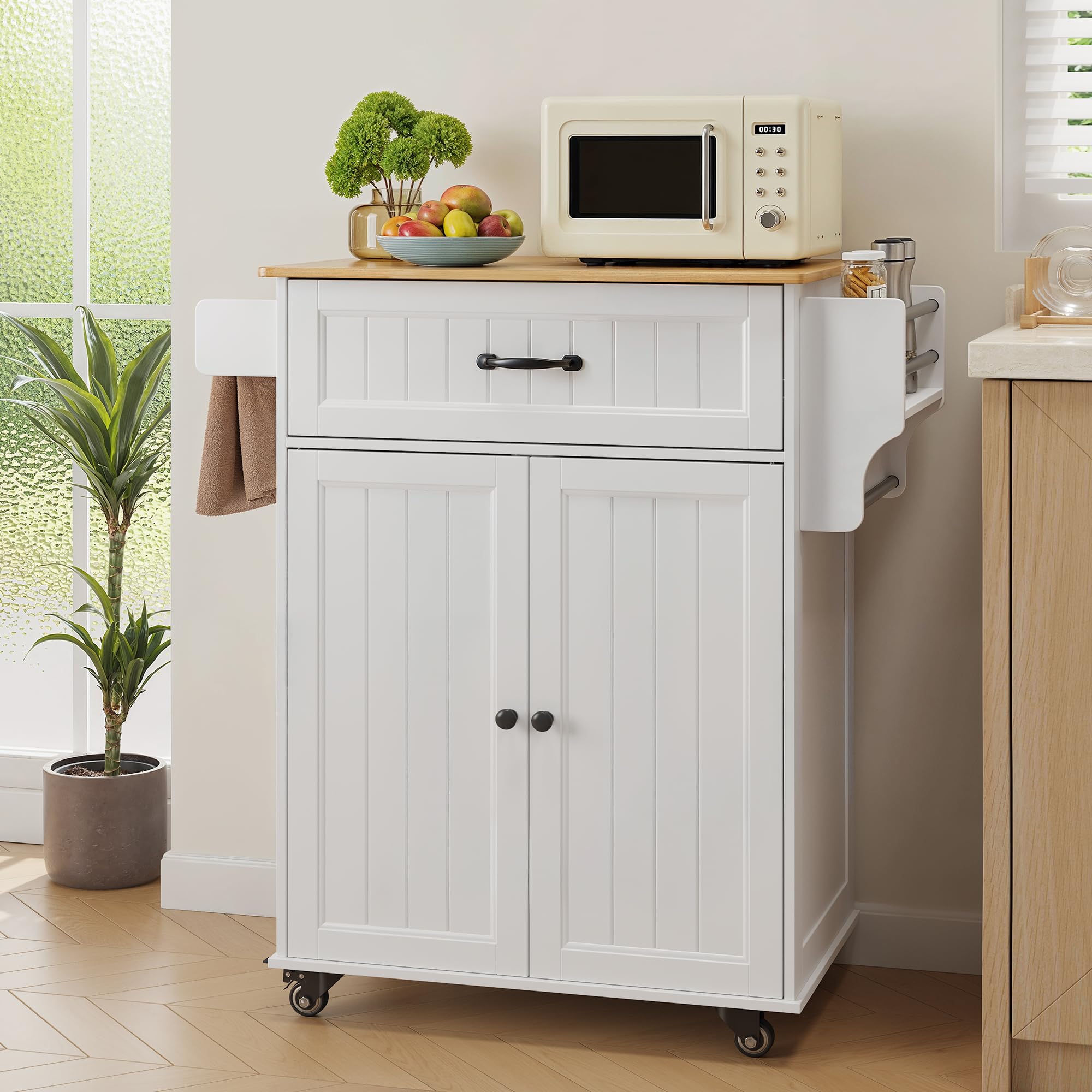Bealife Carrello da Cucina, Mobile Cucina,con Ruote e Piano di Lavoro，Carrello di Servizio con 2 Ante e 1 Cassetto, Carrello Salvaspazio per Cucina e Soggiorno (Bianco)