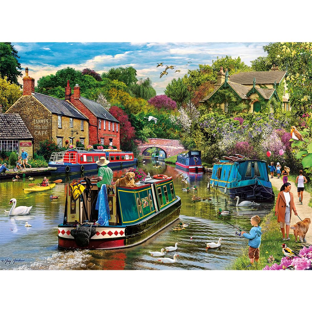 Gibsons River Retreat 500 Piece Jigsaw Puzzle Beautiful Colourful Artwork Canal Boats Nostalgic Sustainable Jigsaw Puzzle for Adults Teens Premium 100% Recycled Board Great Gift - Image 4