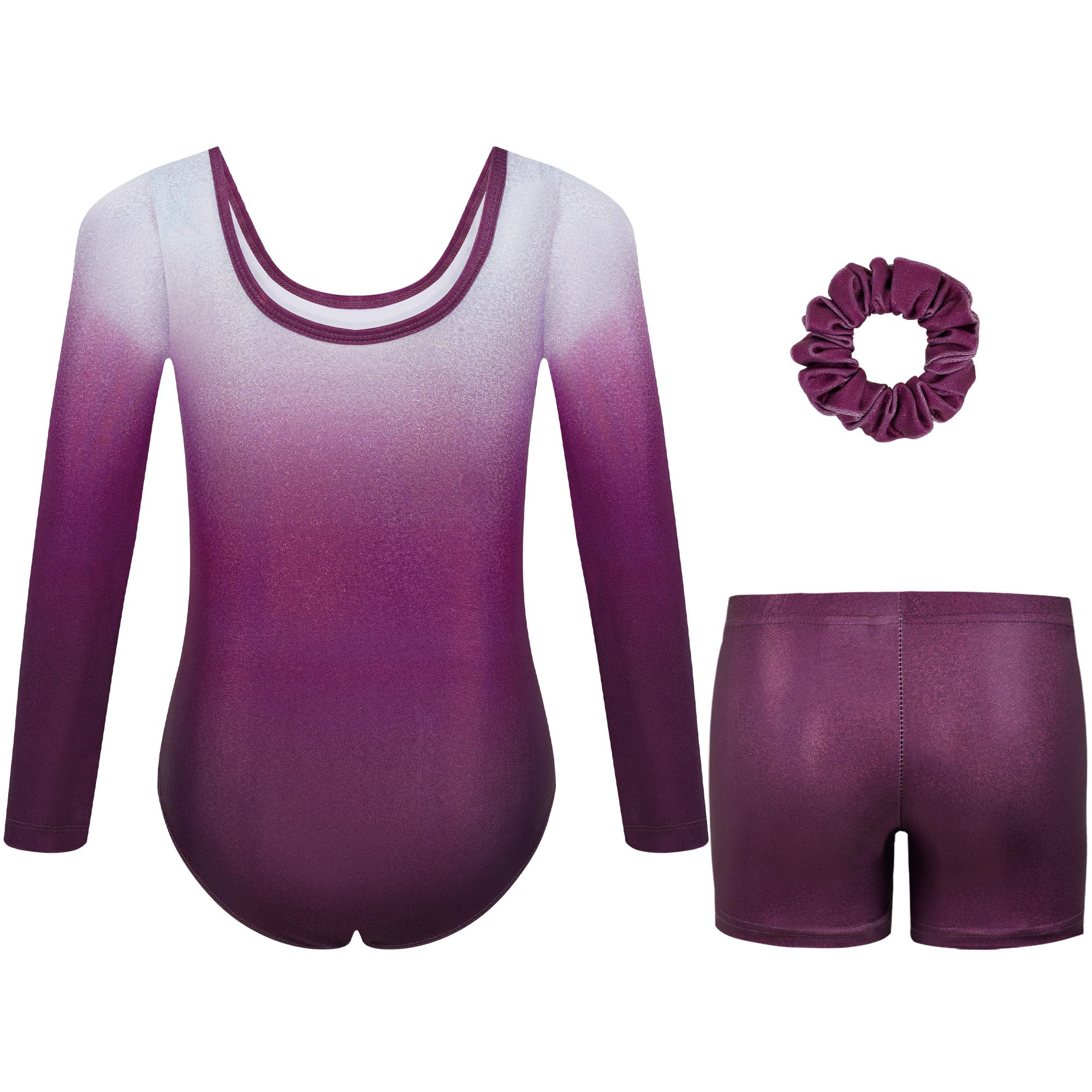 Gogokids Maillot de gimnasia de tres piezas para niña, de manga larga, con pantalones cortos y cinta para el pelo, ropa de gimnasia con diseño degradado para 3-12 años — view 2