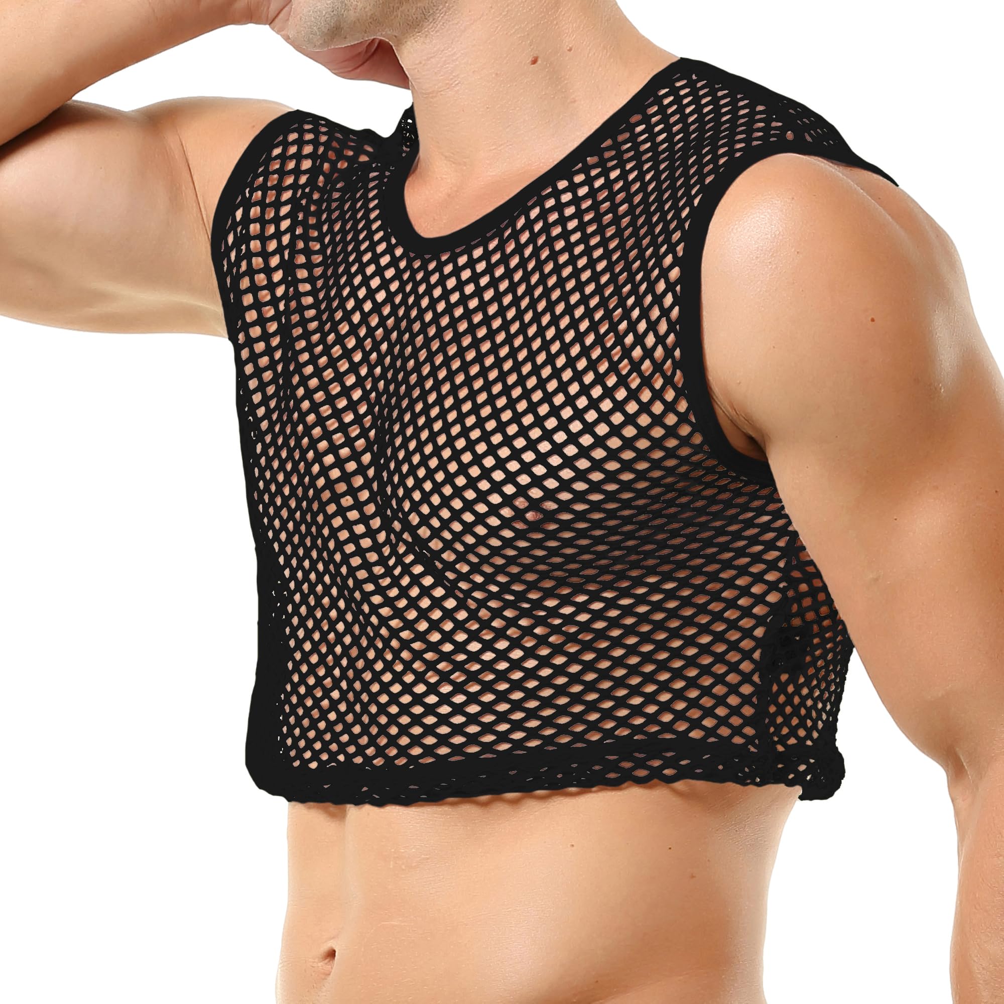QiaTi Camisetas de malla para hombre, cuello redondo transparente, sin mangas, sexy