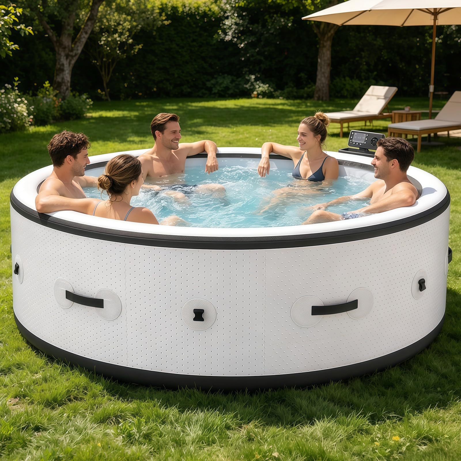 BANGBANGJI Spa Gonflable Portable, Personnel Haute Pression à Bulles pour 4-6 Personnes, Rond 206 x 71cm, Chauffage Rapide 104°F, avec 150 Jets pour Terrasse Jardin Extérieur