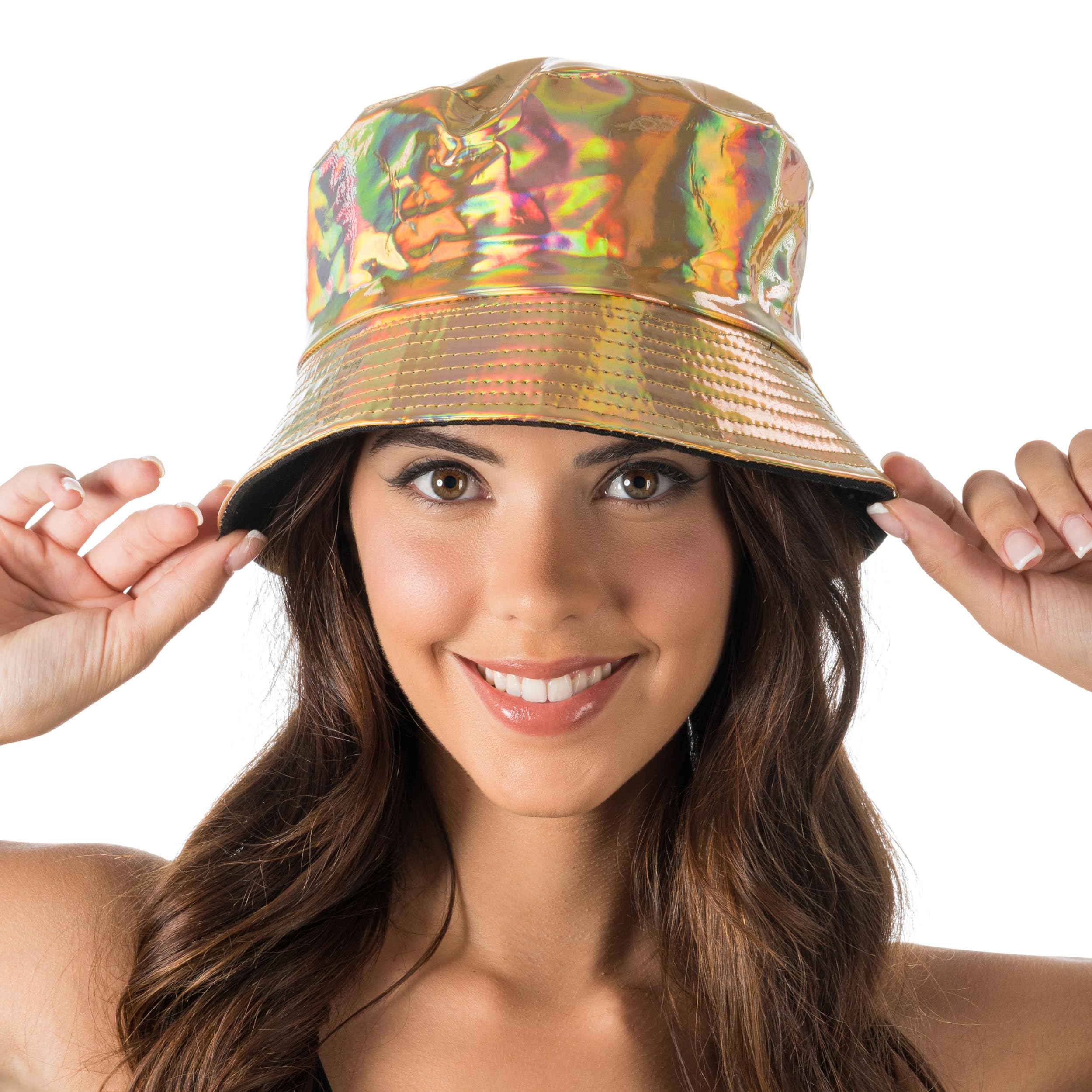 Iridescent Gold Bucket Hat – One-Size Metallic Festival & Streetwear Accessory, Shiny Holographic Fashion Hat for Parties, Costumes & Everyday Wear