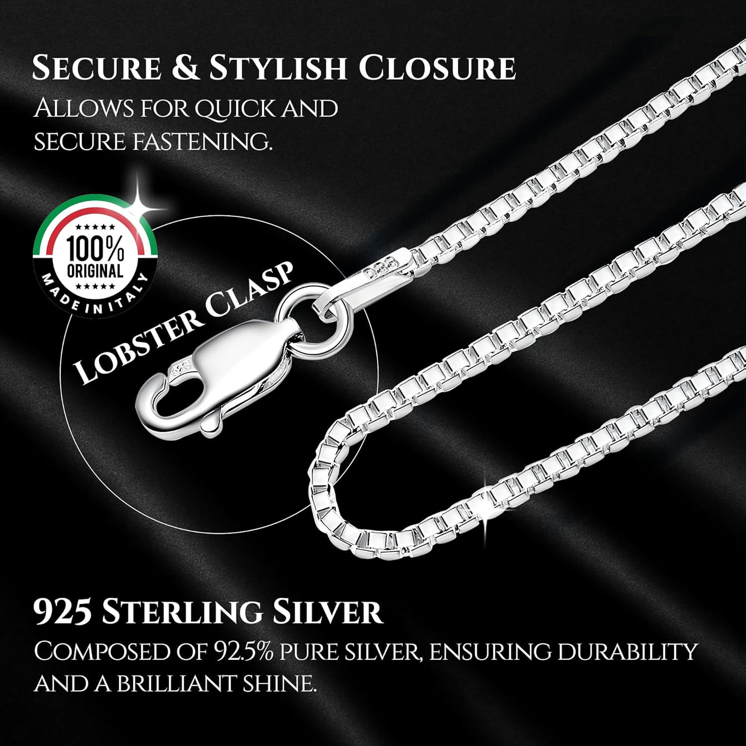 DSS 925 Sterling Silver Necklace for Women, Box Chain 1.5mm, Lobster Claw Clasps, Sterling Silver Chain, Italian Jewelry for Women, 16in - 36in - Image 3