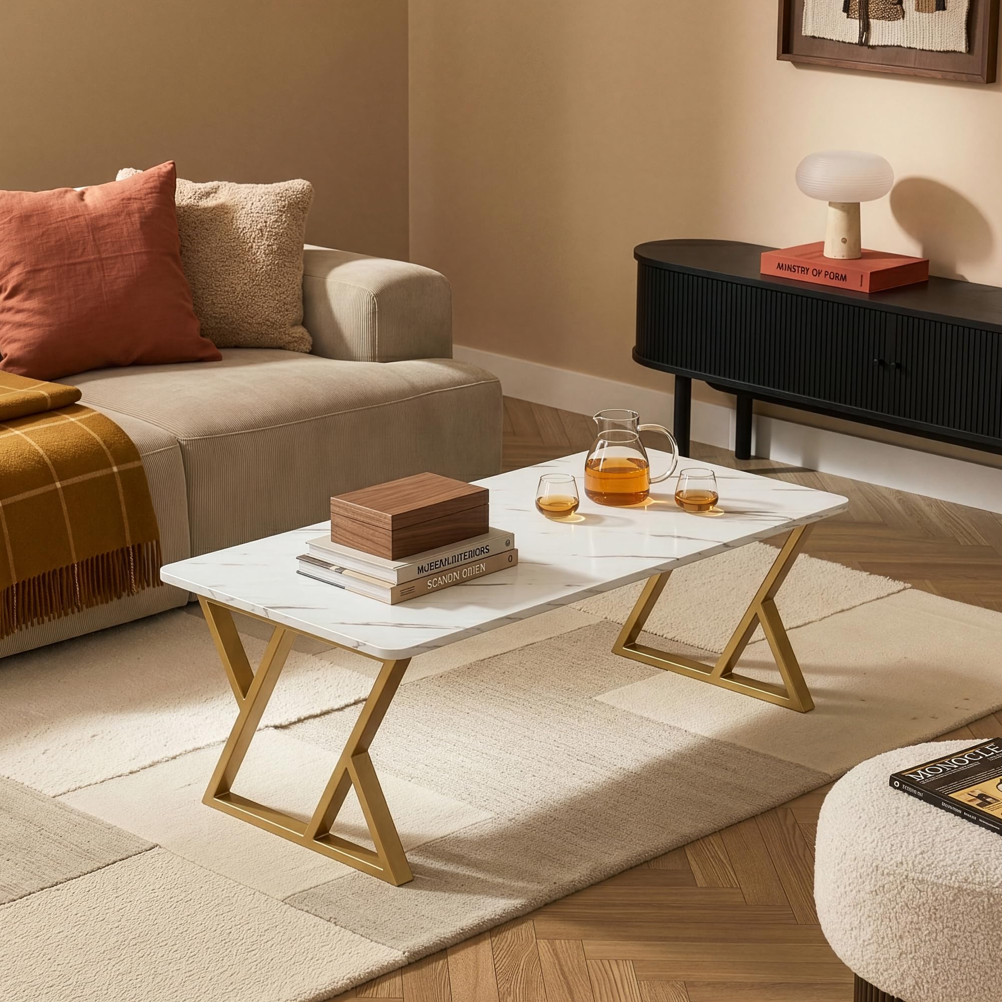 [en.casa] Couchtisch Nolu 120x60x46 cm rechteckig Gold/Marmoroptik, weiß | Beistelltisch, Wohnzimmertisch, Metallgestell, Sofatisch, Kaffeetisch