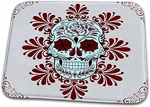 3dRose Bathroom Bath Rug Mat - Day of The Dead. Unique Design. Burgundy and Grey. Sugar Skull