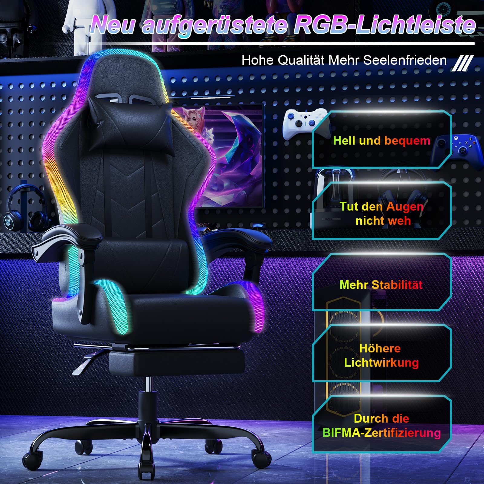 Devoko LED Gaming Stuhl – Ergonomischer Bürostuhl mit Massagefunktion & Teleskop-Fußstütze, Verstellbare Rückenlehne (90-135°), für Gamer bis 150 kg, Augenschonendes Design, Schwarz