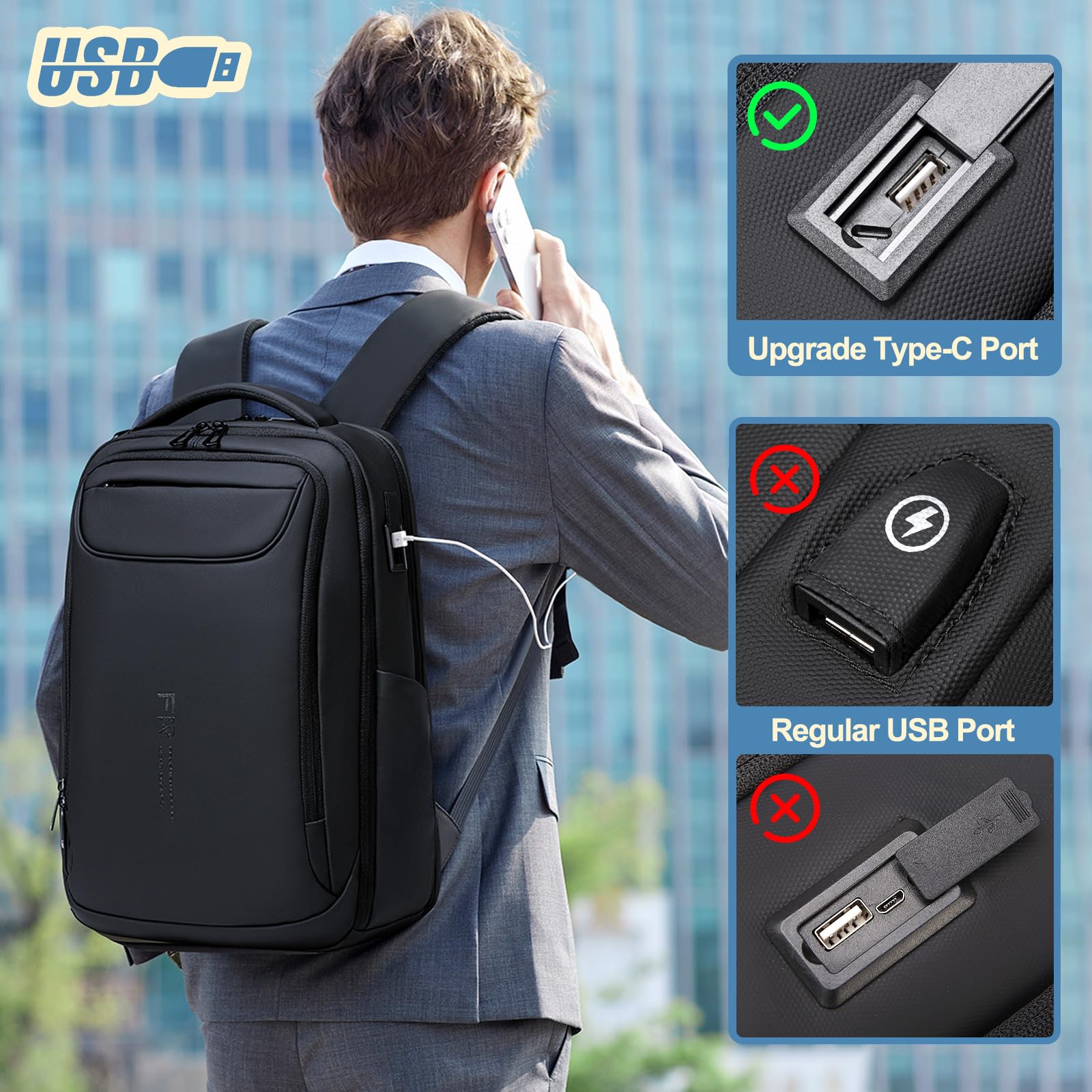FENRUIEN Zaino da viaggio espandibile da 15,6 pollici, resistente all'acqua, con porta di ricarica USB, borsa nera per computer portatile, per lavoro/pendolari/università, nero, Large, Zaino da