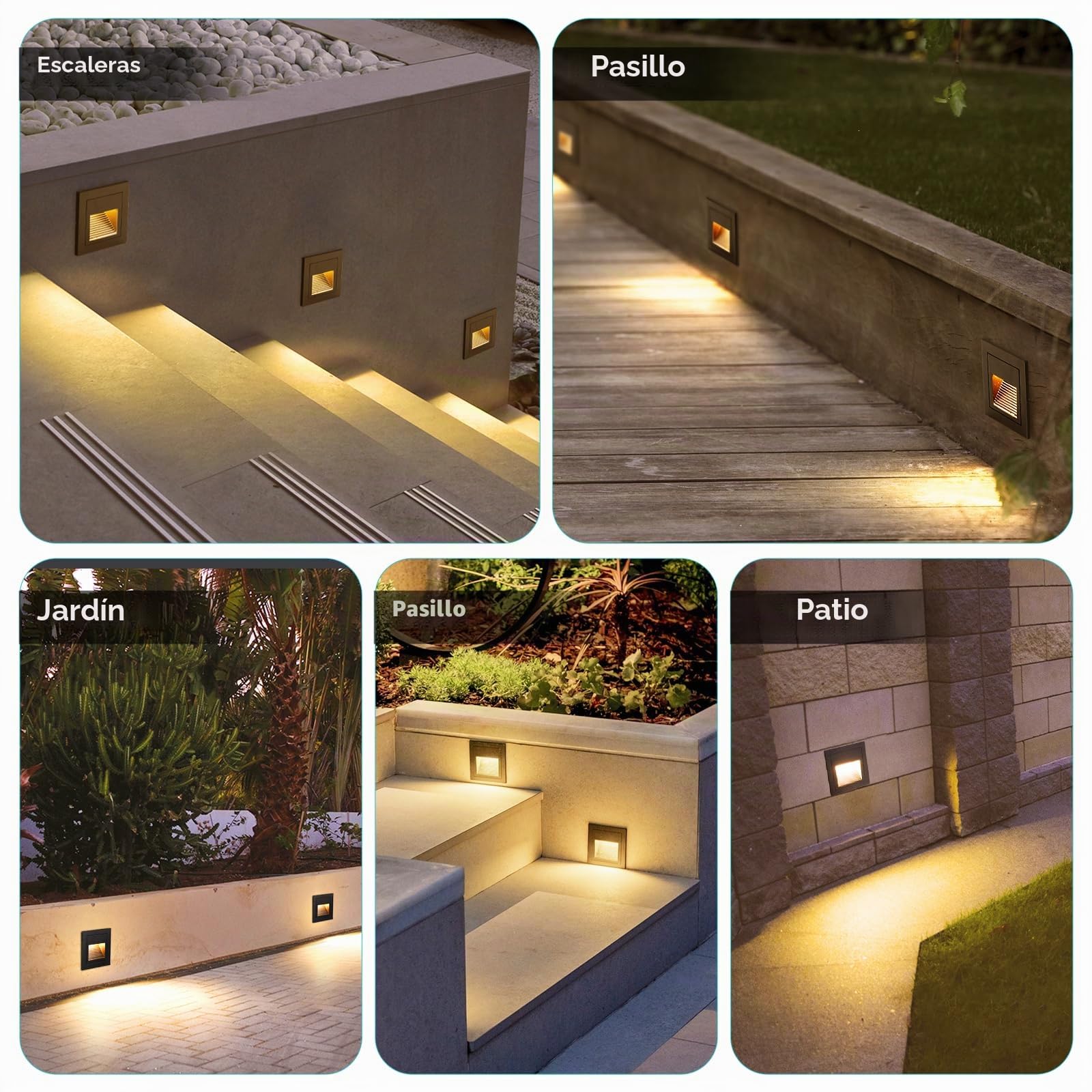 6PACK Iluminación Escalera 3W 300lm, LED Luz de Escalera 230V, 3000K Lampara, Focos Exterior Pared 85x85mm, IP65 Luz de Pared Empotrada para Interior, Exterior, Enchufes Empotrados 68mm Negro