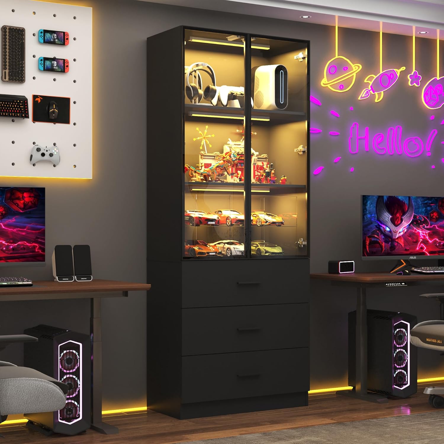 79" Tall Display Cabinet with LED Sensor Light & Pop-up Glass Doors & Drawers, Modern Bookcase Curio Storage Cabinet for Bedroom, Living Room, Office, Black