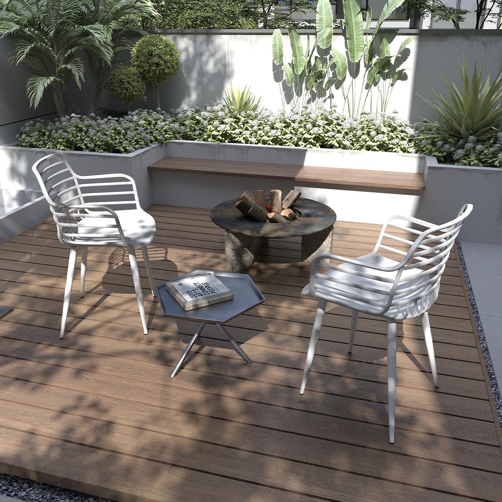 JIJIAN Sillas de Jardín Juego de 4, Sillones para Exterior con Reposabrazos y Respaldo, Plástico PP con Patas de Hierro, Capacidad de Carga 120 kg, para Balcón, Jardín, Terraza, Blanco