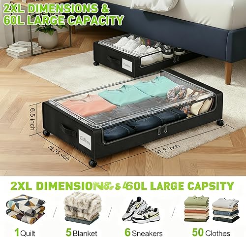 Miniatura 2 de Almacenamiento debajo de la cama con ruedas, paquete de 2 contenedores de almacenamiento rodantes con asas gruesas, ventana transparente y etiqueta,