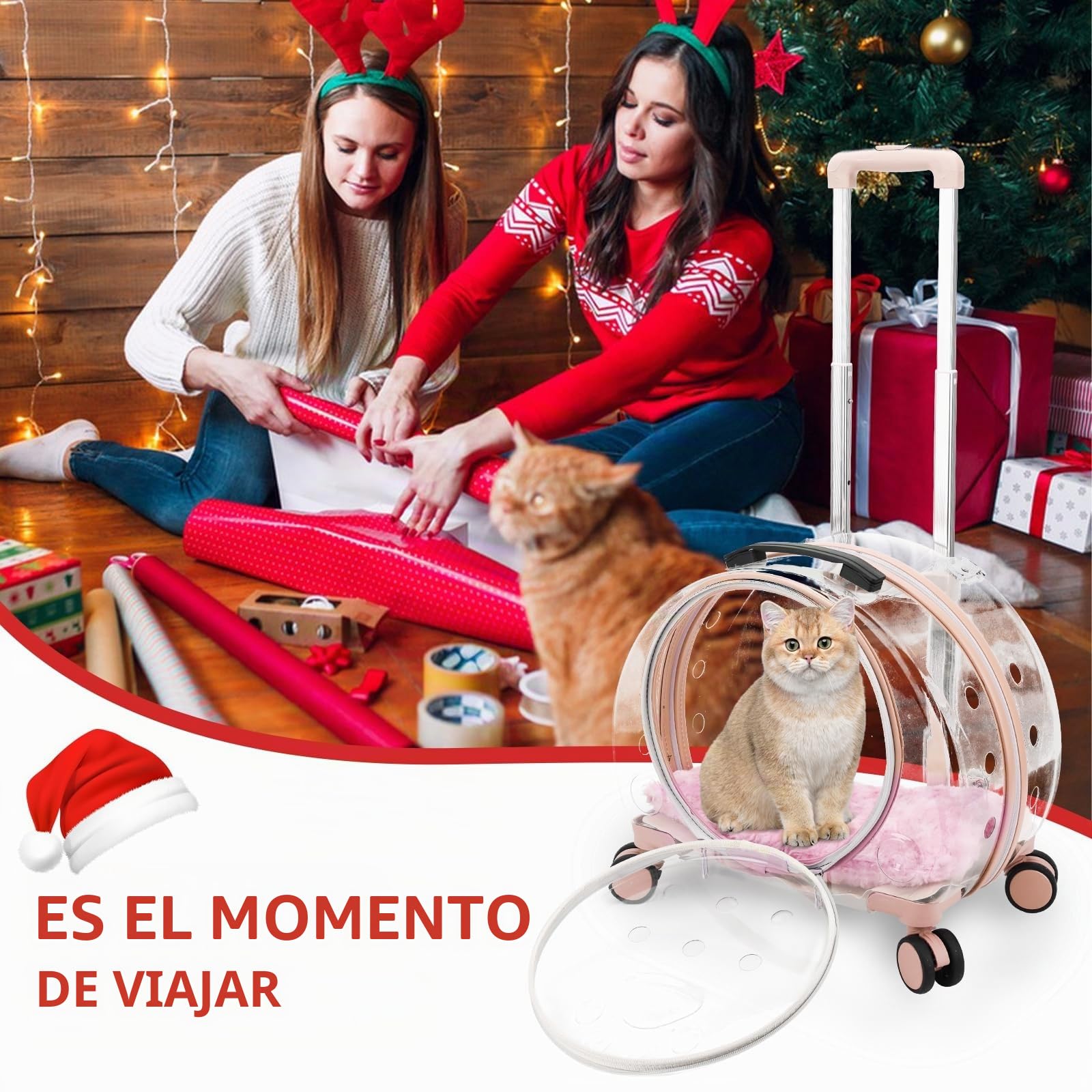 Mochila para gatos/perros con ruedas, transparente y transpirable, 3 en 1, maleta para gato/perro, carga máxima 8 kg, múltiples opciones de transporte, ideal para viajes/paseos/veto (rosa)