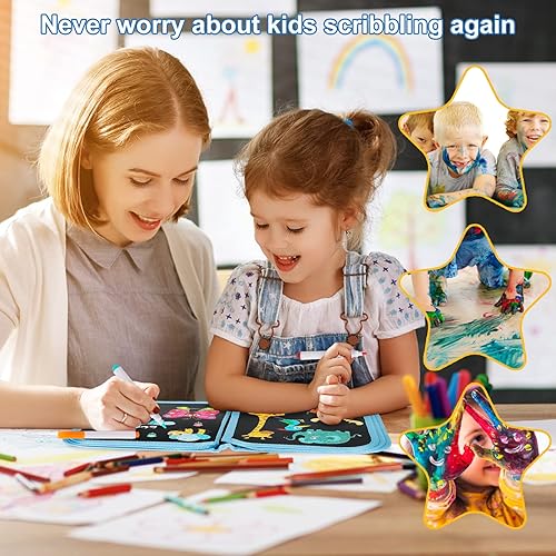 Miniatura 5 de Qrytoi Juego de garabatos de libro borrable para niños, libro de dibujo mágico para niños, libro de dibujo reutilizable, 12 bolígrafos de acuarela,