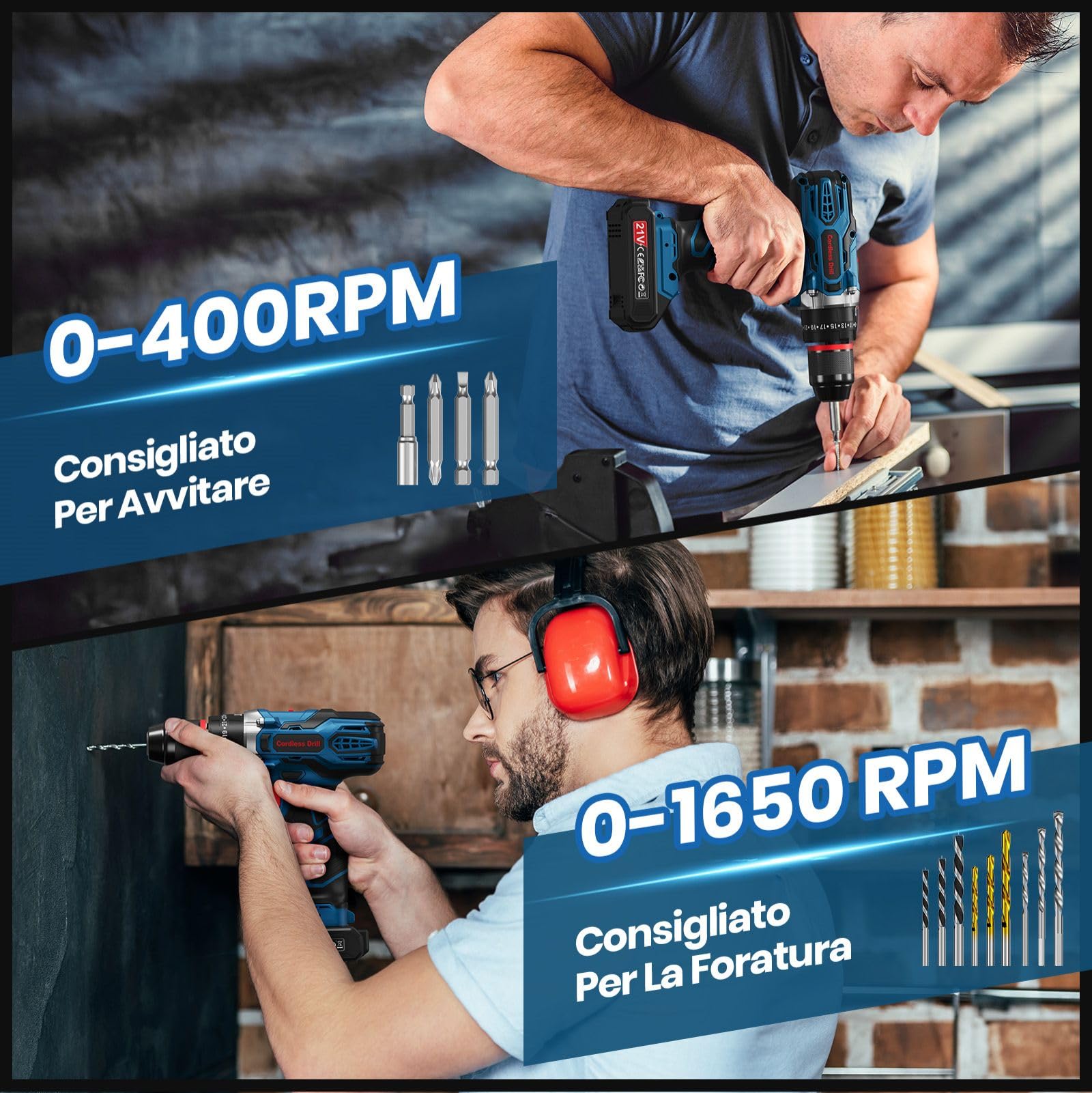 Trapano A Percussione 21V, Trapano Avvitatore Batteria con 2 Batterie 2,0Ah, Avvitatore a Batteria Coppia Massima di 45Nm, 2 Velocità, 25+3 Coppia, 10mm Morsa, Set di Accessori 29 Pezzi con Valigetta
