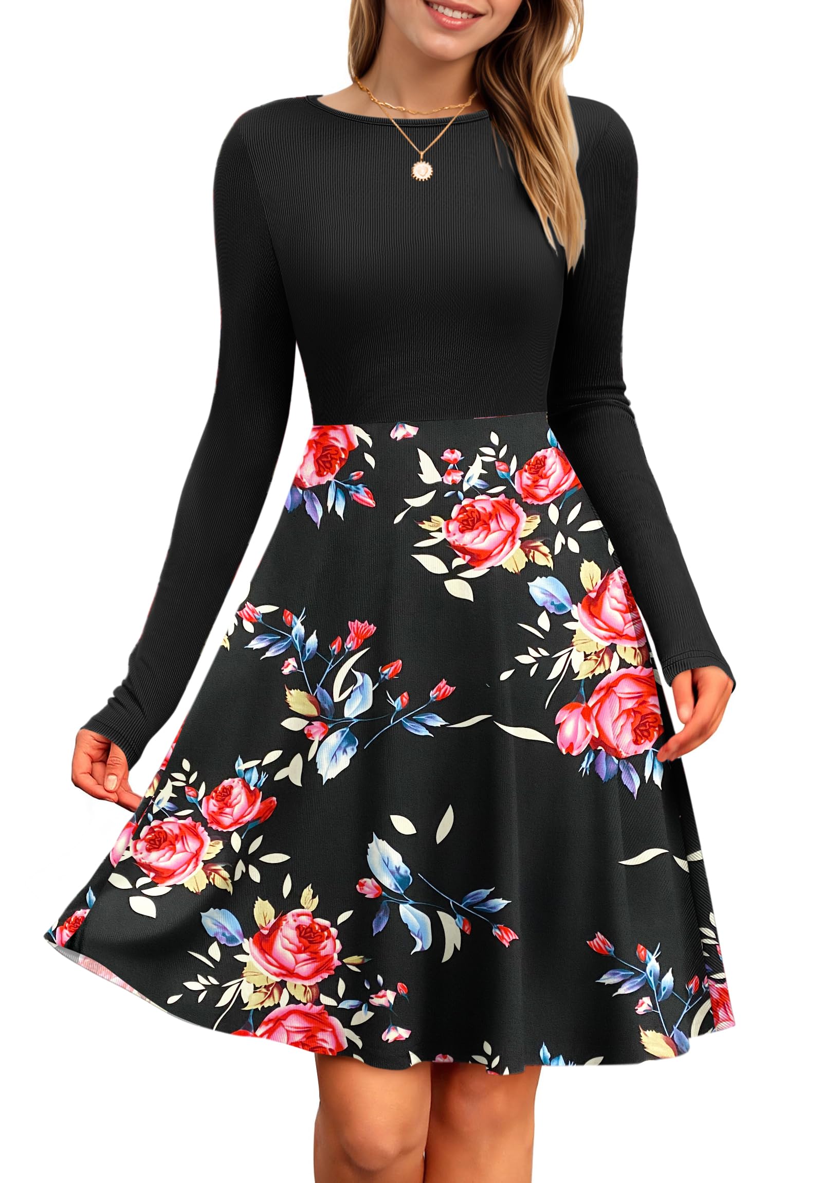PLOKNRD Damen Strickkleid Herbst Langarm Kleider Elegant A-Linie Rundhalsausschnitt Freizeitkleid Winterkleid