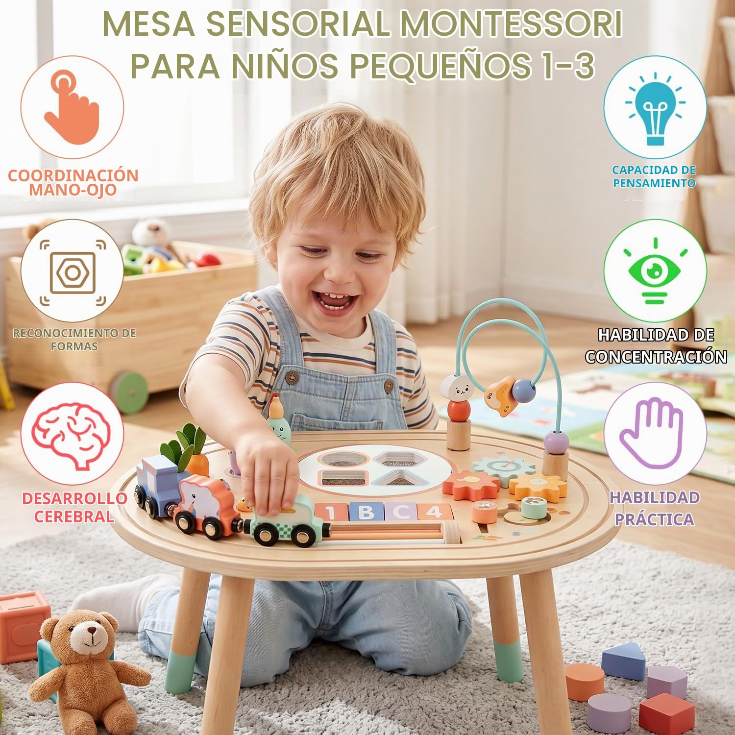 10-en-1 Mesa de Actividades Bebés, Montessori de Madera para Niños 1Años | Juguete Sensorial con Juego de Pesca, Tren de Animales y Clasificador de Formas, Regalo Cumpleaños Navidad para Niña Niño