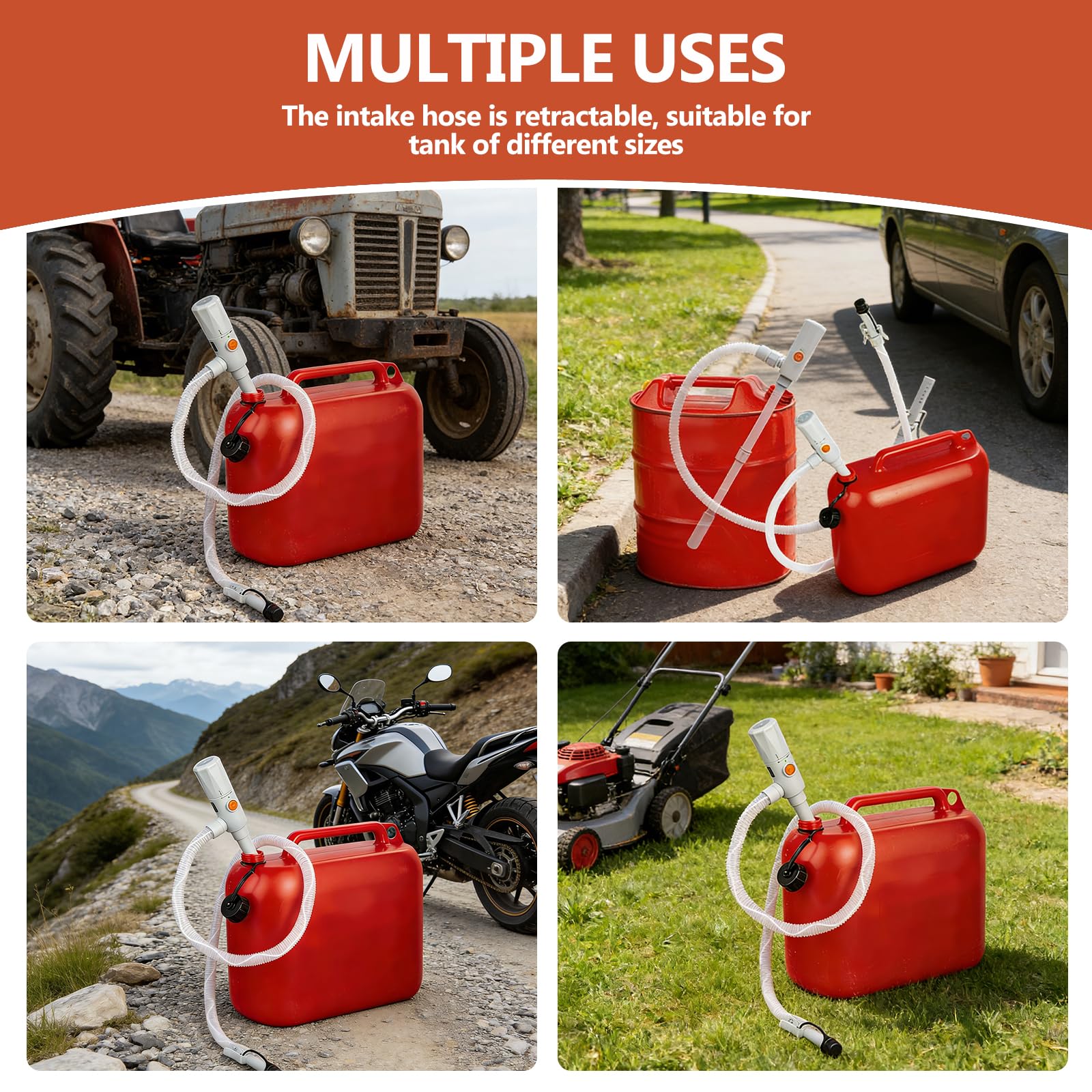Benzinpumpe für Kanister 2.8GPM, Elektrische Transferpumpe Dieselpumpe Kraftstoffpumpe Akku mit Auto-Stopp-Sensor, Doppelte Stromversorgung (USB-C/AA), Dieselpumpe 30-43cm, 130cm Flexible Hose