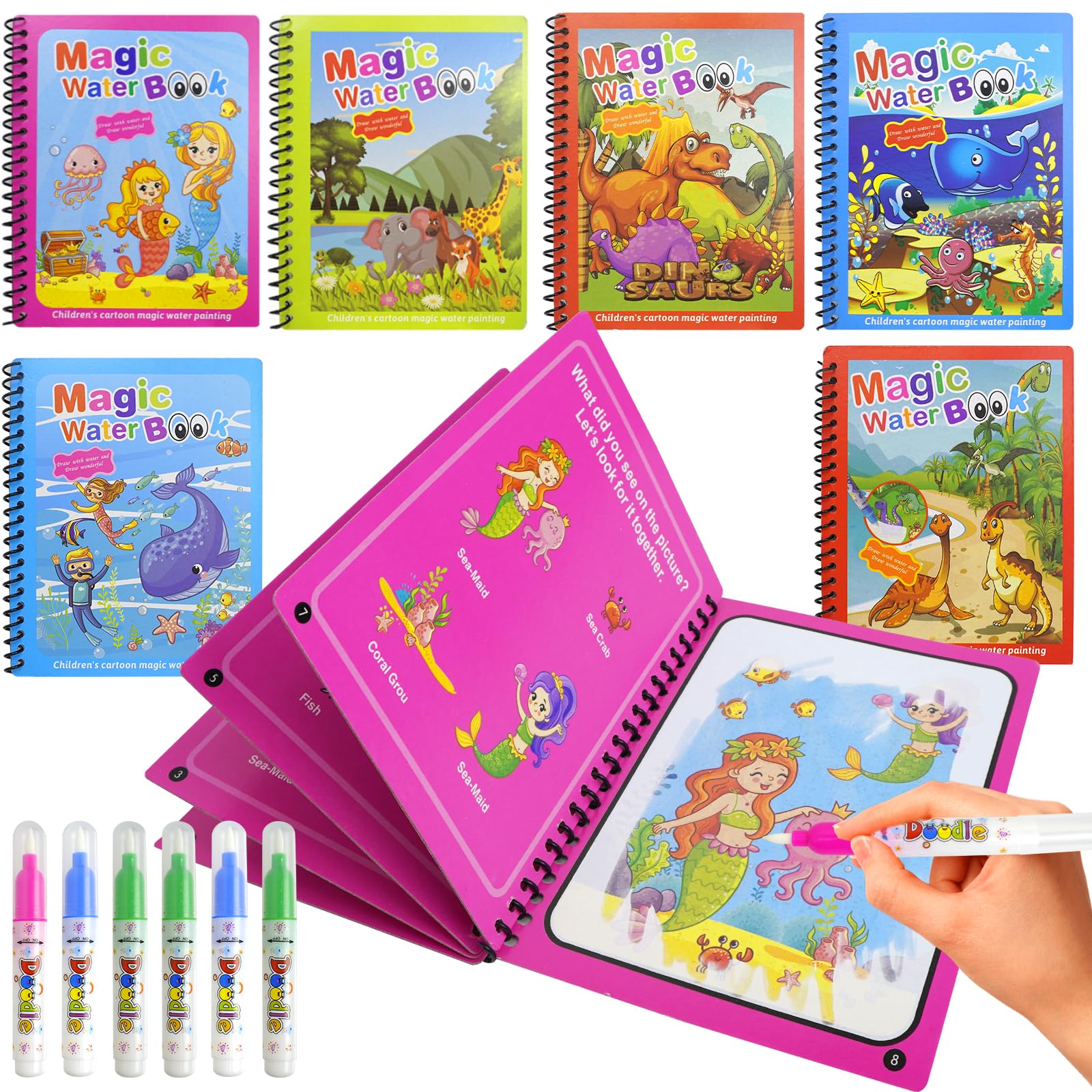 6 Pcs Mess Free Painting, No Mess Colouring, Galt Water Magic Colouring Book Water Colouring Books for 2-6 Year Old Boys Girls Educational