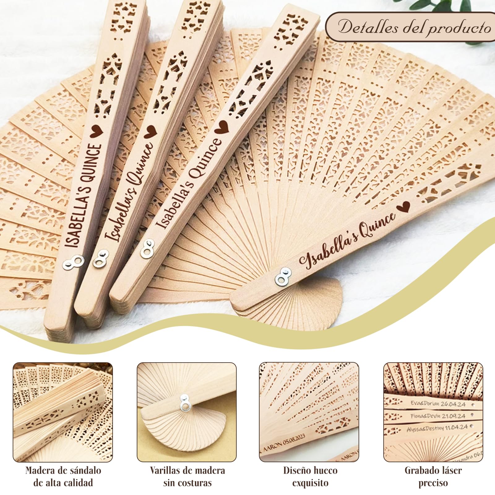 Abanicos Personalizados de Madera para Boda, Plegables con Nombre y Fecha, Detalles para Invitados, Recuerdos para Bautizos, Eventos y Fiestas (100)