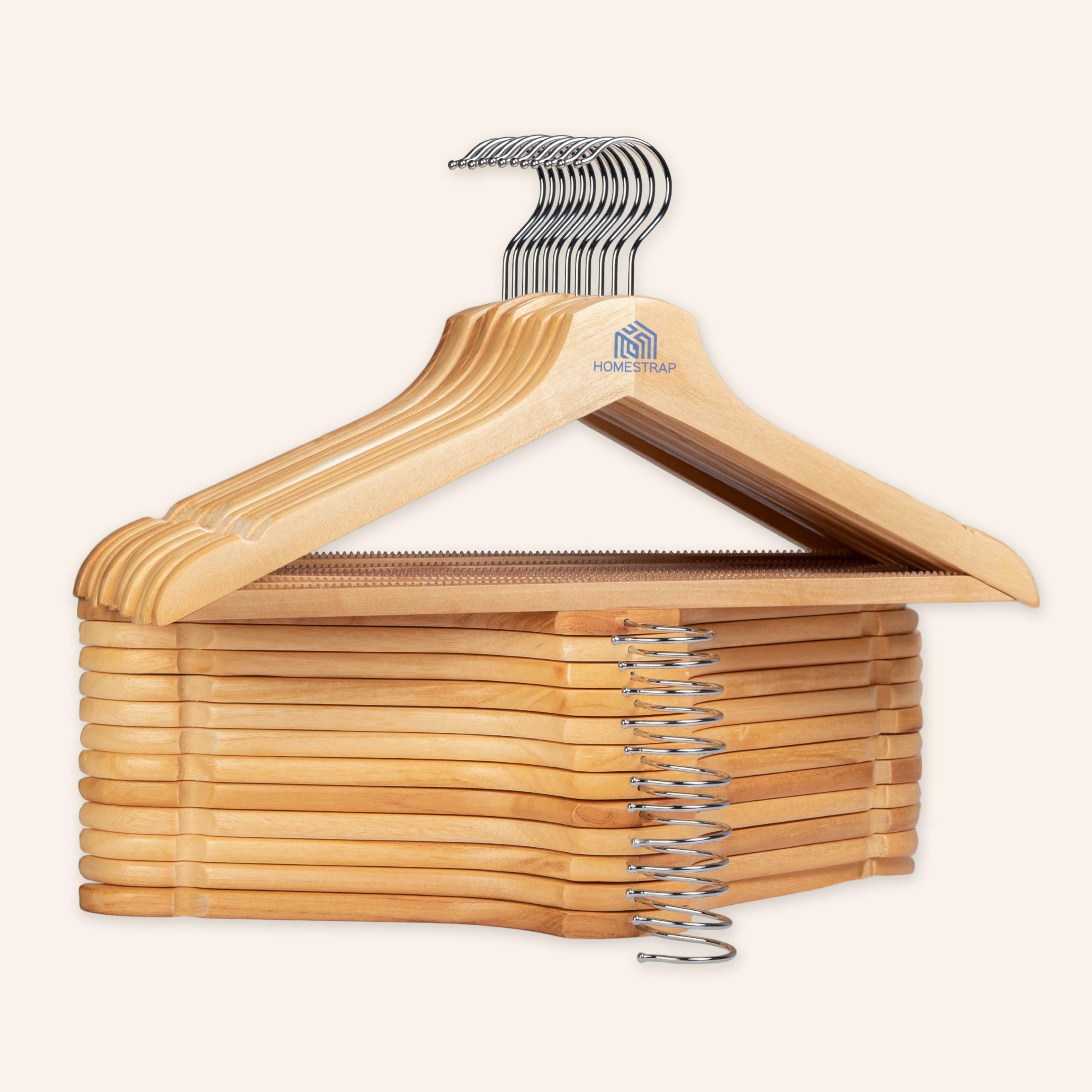 Homestrap Premium Wooden Anti-Slip Silicone Teeth Hanger (Pack of 24)|Smooth Non-Slip Notches with Rust-Free 360 Rotating Chrome Hooks|Lightweight and Smooth Finish for Clothes