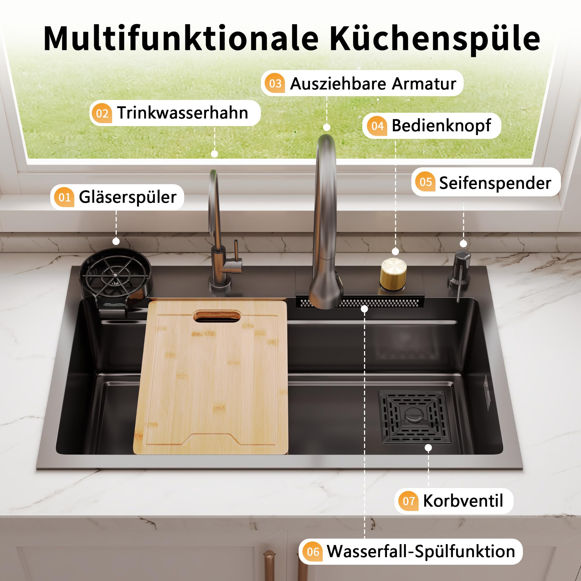 DeerValley Edelstahlspüle, Multifunktionsspüle aus Edelstahl 304 mit ausziehbarem Wasserhahn, Hochdruck-Glasreiniger, Wasserfall, Seifenspender und Arbeitsschiene für Küche - Dunkelgrau